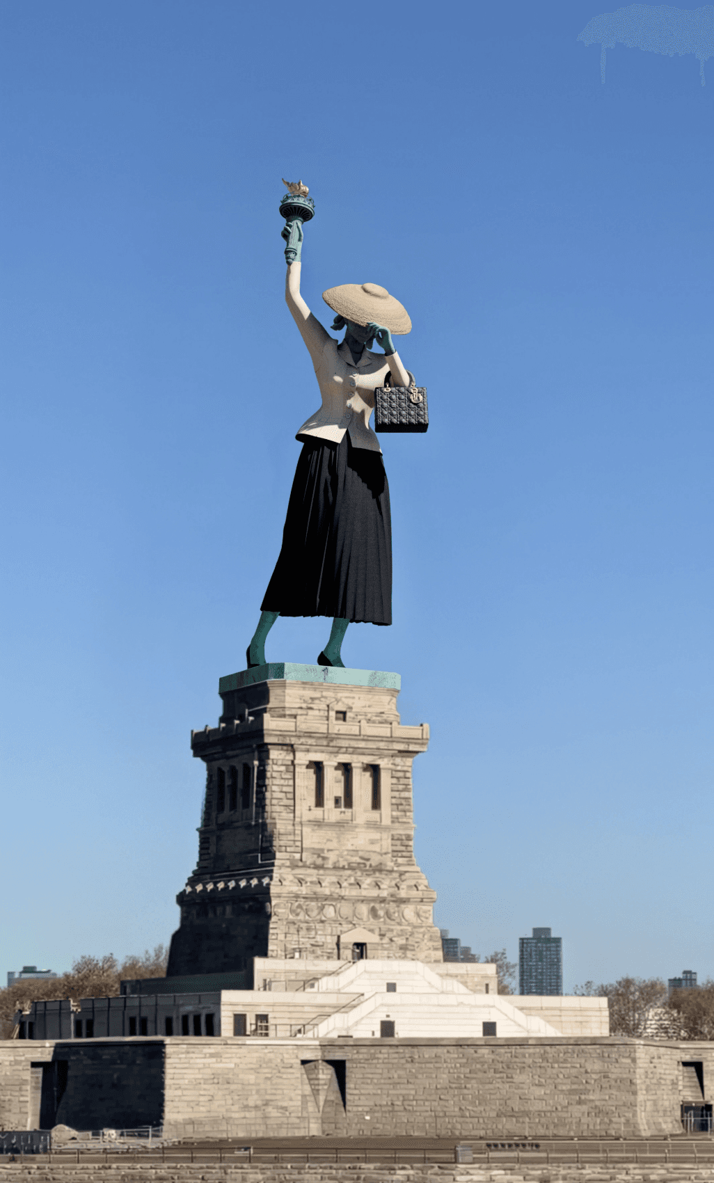 The Statue of Liberty is reimagined wearing a Dior outfit, a straw hat, and holding a handbag