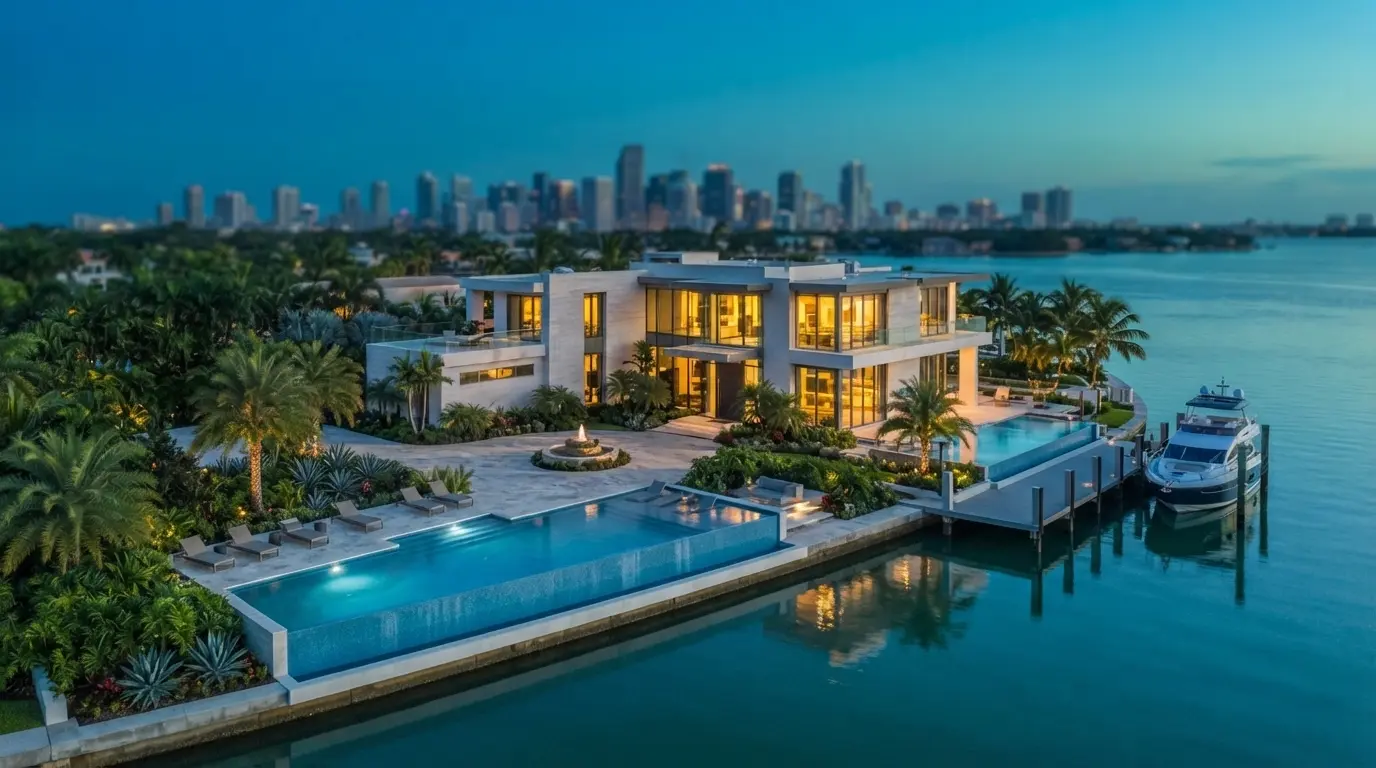 Aerial twilight view of exclusive waterfront estate featuring dual pools, fountain, lush tropical landscaping, private yacht dock, and panoramic city skyline views