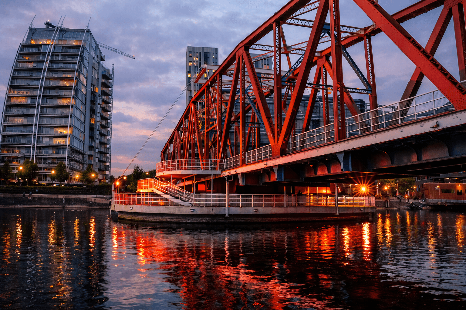 Manchester city skyline with illuminated bridge and canal at sunset representing digital marketing and business growth in Manchester UK