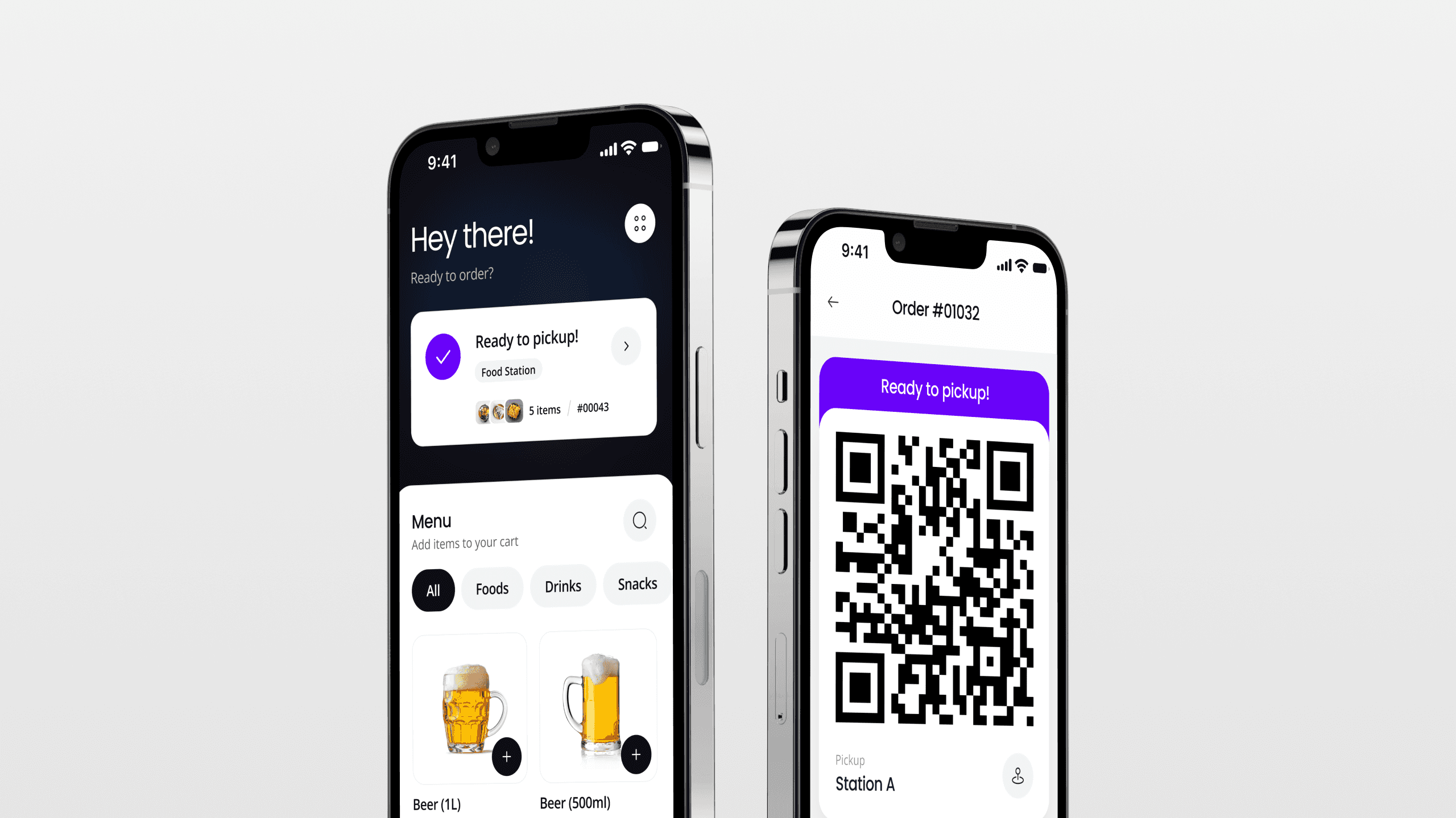 Dynamic mockup of the Eventbro mobile app on two iPhones, showing the order status and QR code screens.