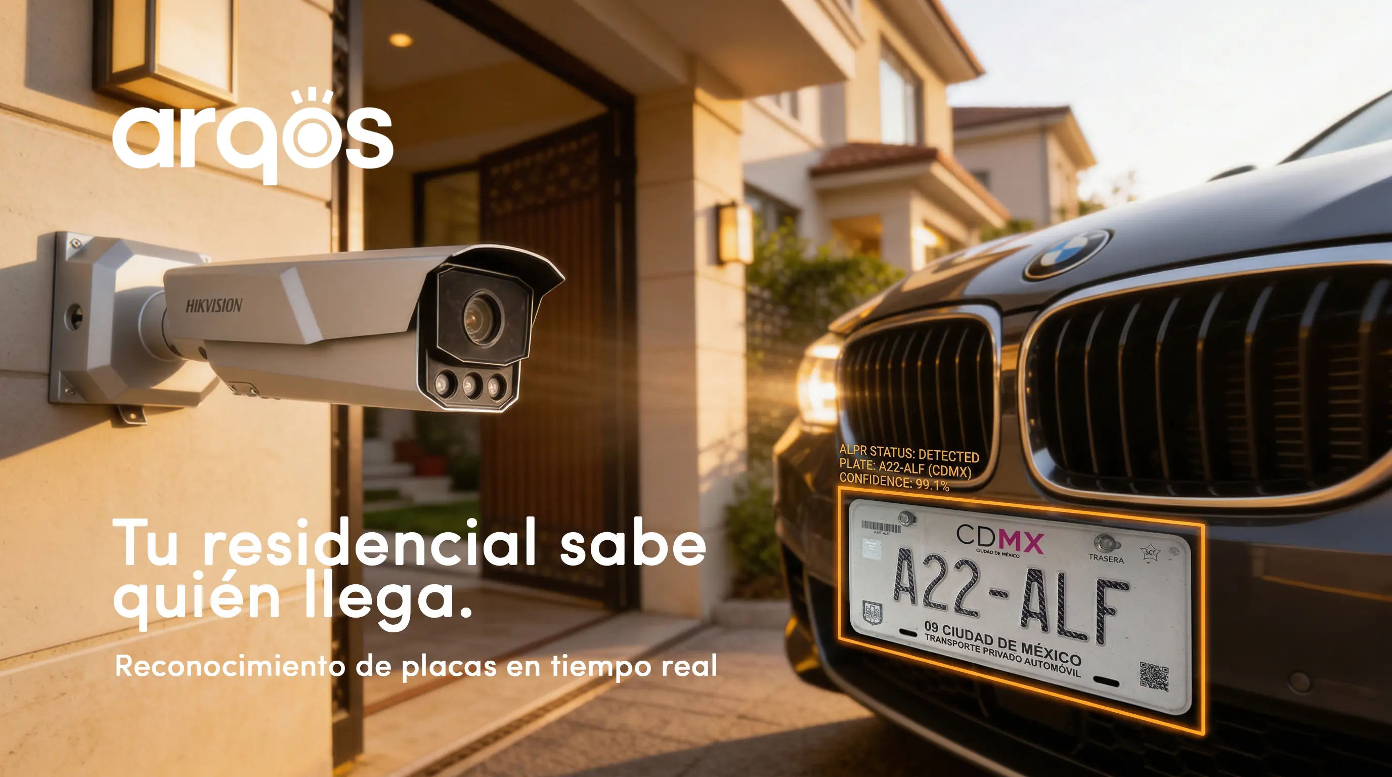 Sistema ANPR de reconocimiento automático de placas instalado en acceso residencial premium con cámara LPR y barrera automática.