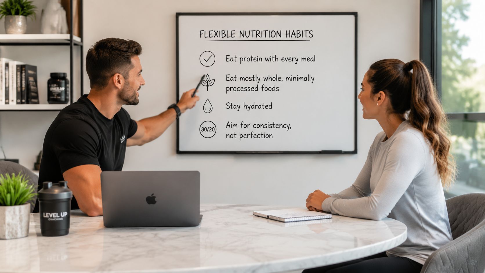A male personal trainer explaining flexible nutrition habits to a female client during a consultation session.