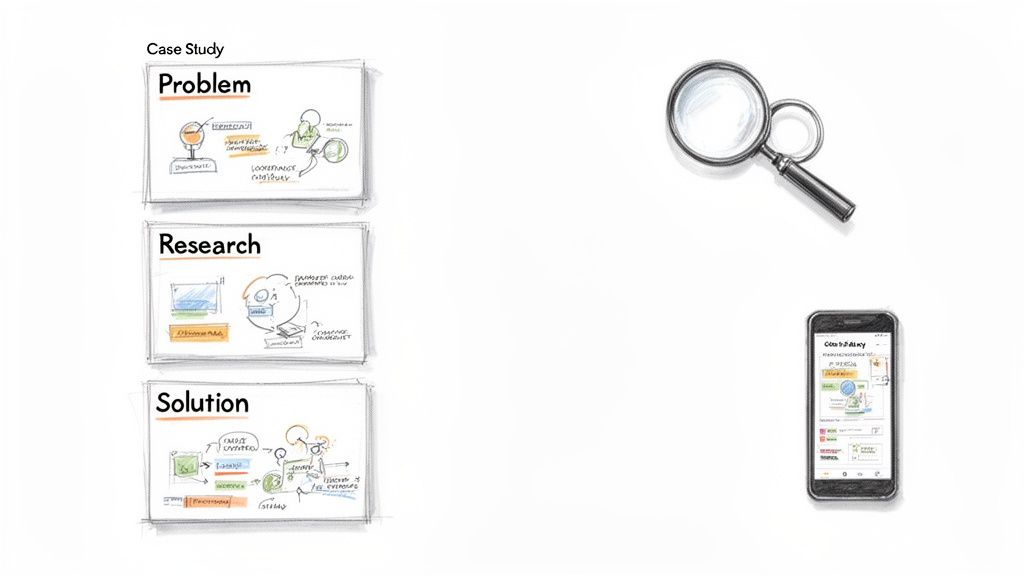 A hand-drawn case study showing problem, research, and solution steps, alongside a magnifying glass and a smartphone displaying a UI.