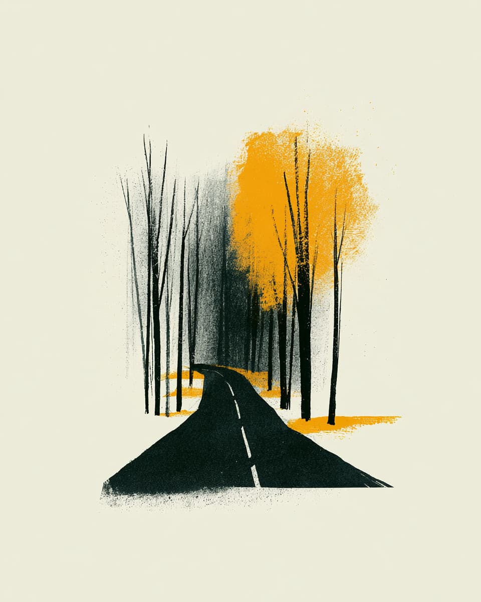 Illustration einer Straße durch Herbstwald.  Schwarz Asphalt mit gelben Bäumen. Natur-Art.