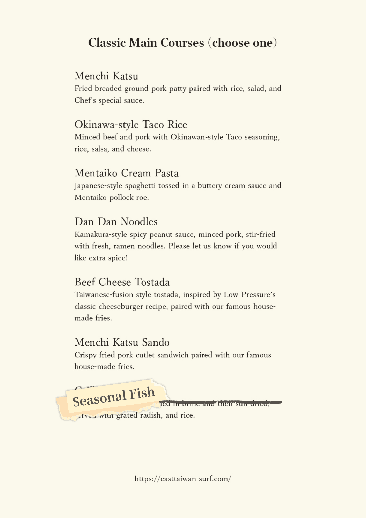Low Pressure Surf Restaurant in Donghe, Taitung introduces its seasonal menu featuring classic main dishes.