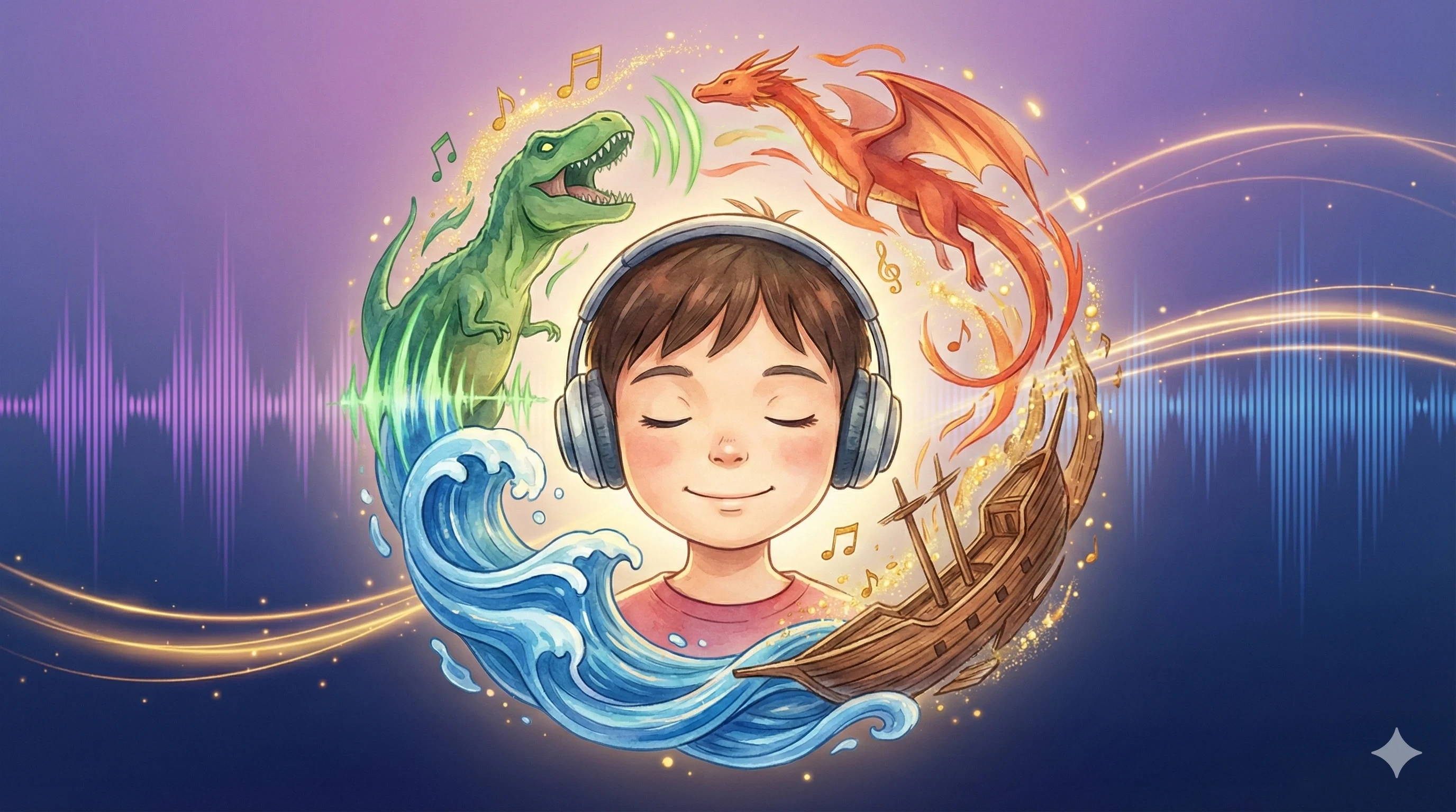 Enfant avec un casque écoutant une narration immersive, entouré d'ondes sonores colorées et magiques.