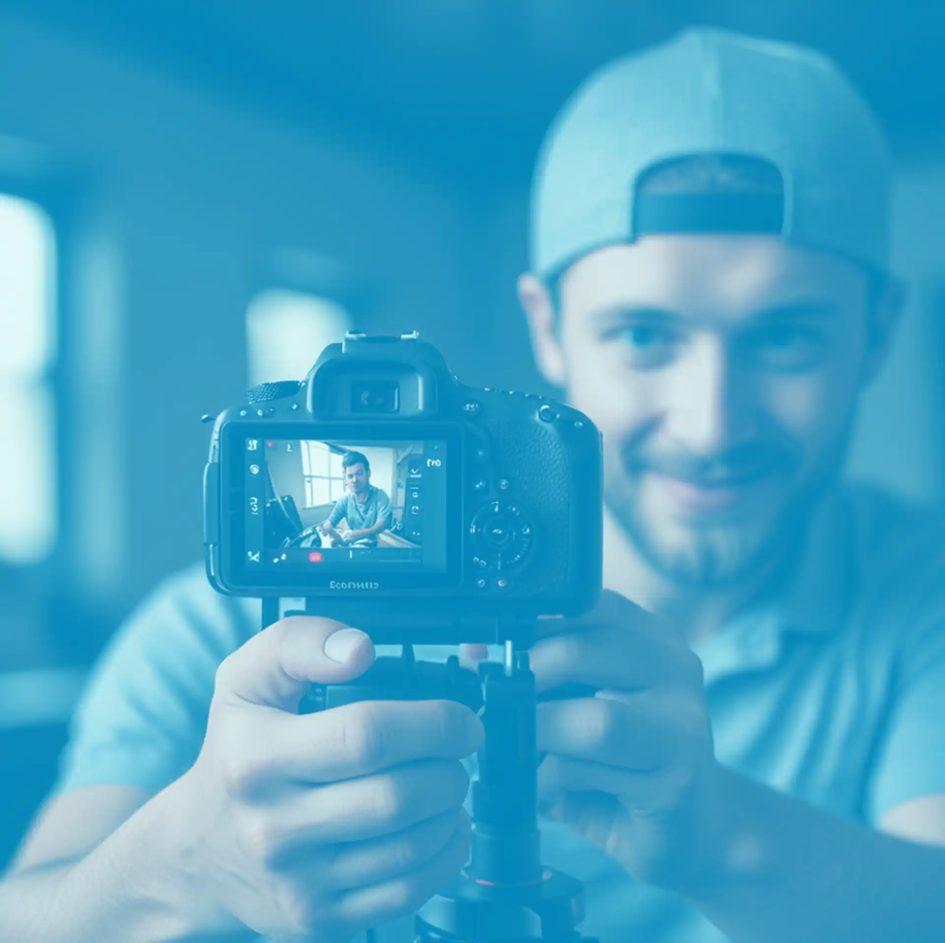 man filming himself with a camera for a video