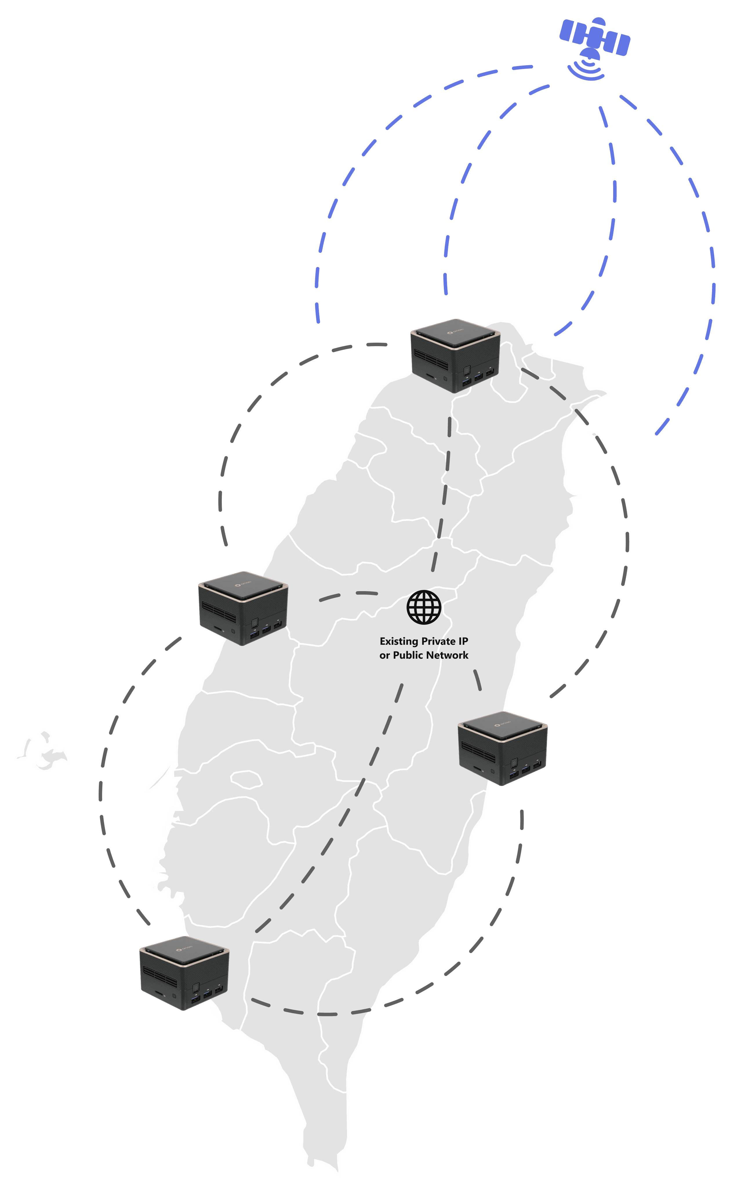 Illustration of Taiwan with multiple data centers connected via satellite, representing a resilient backup communication system that ensures high availability during crises, wartime disruptions, and peacetime cyber threats.