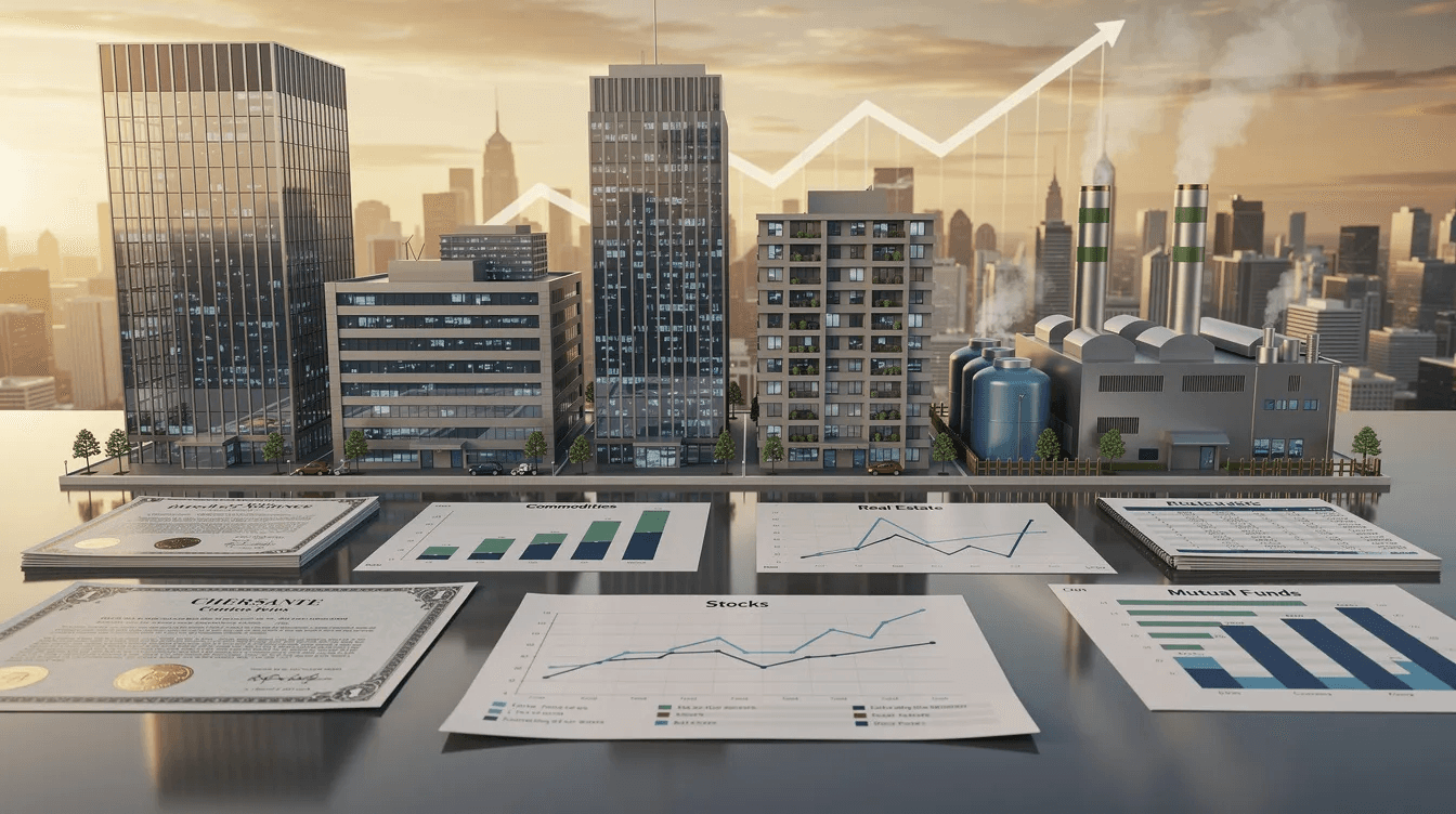 The image depicts various investment types symbolized by buildings, factories, and financial documents, illustrating the concept of portfolio diversification beyond stocks and bonds. It highlights the importance of alternative investments, such as private equity and real estate, in achieving investment objectives and managing risk for institutional and individual investors.