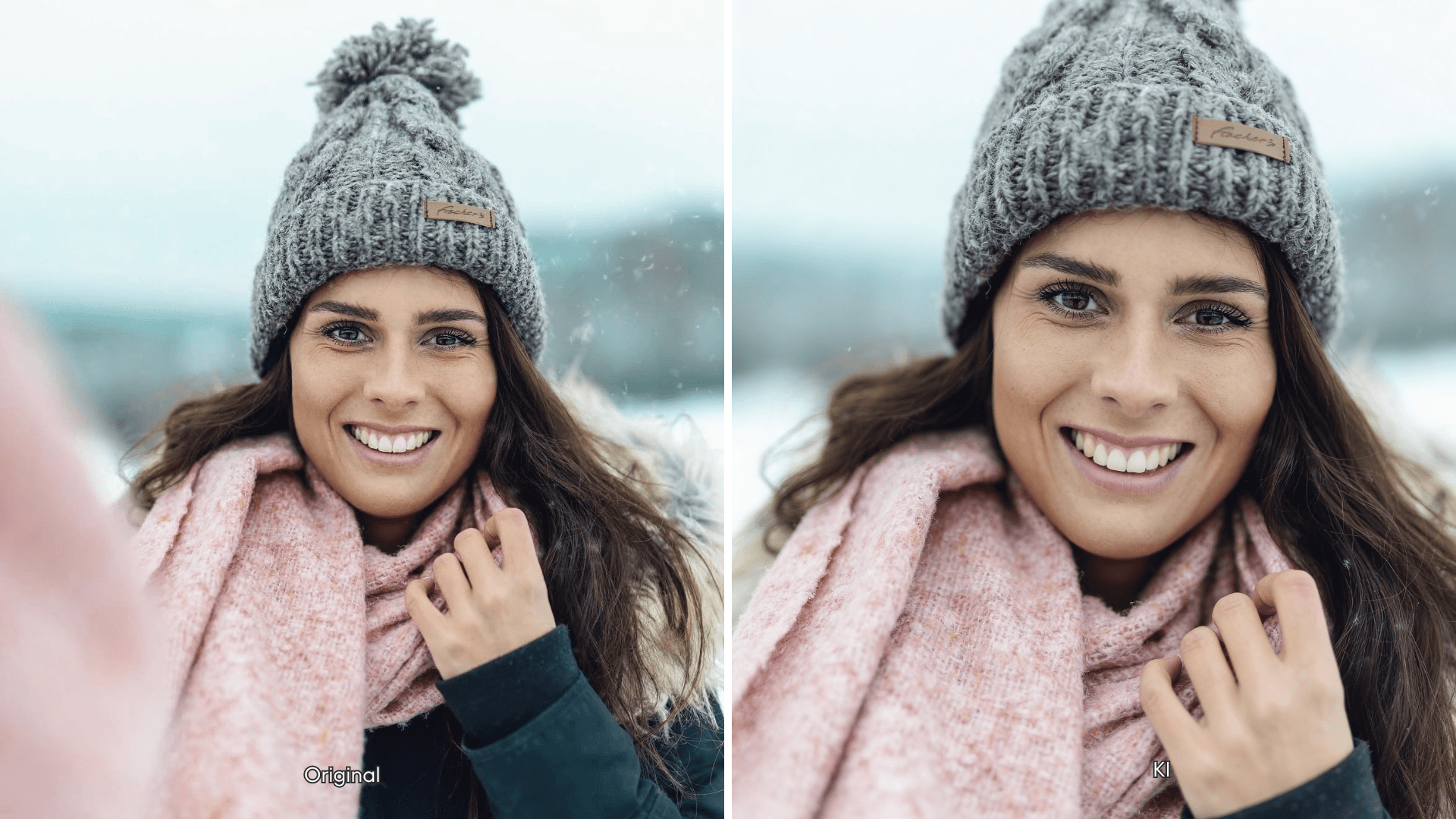 Original vs. Digitaler Zwilling – Trickhouse KI-Model-Agentur Düsseldorf: Vergleichsbild eines weiblichen Models mit grauer Strickmütze und rosa Schal im Winter, KI-generiertes Pendant zeigt die Qualität des Digital Twins.
