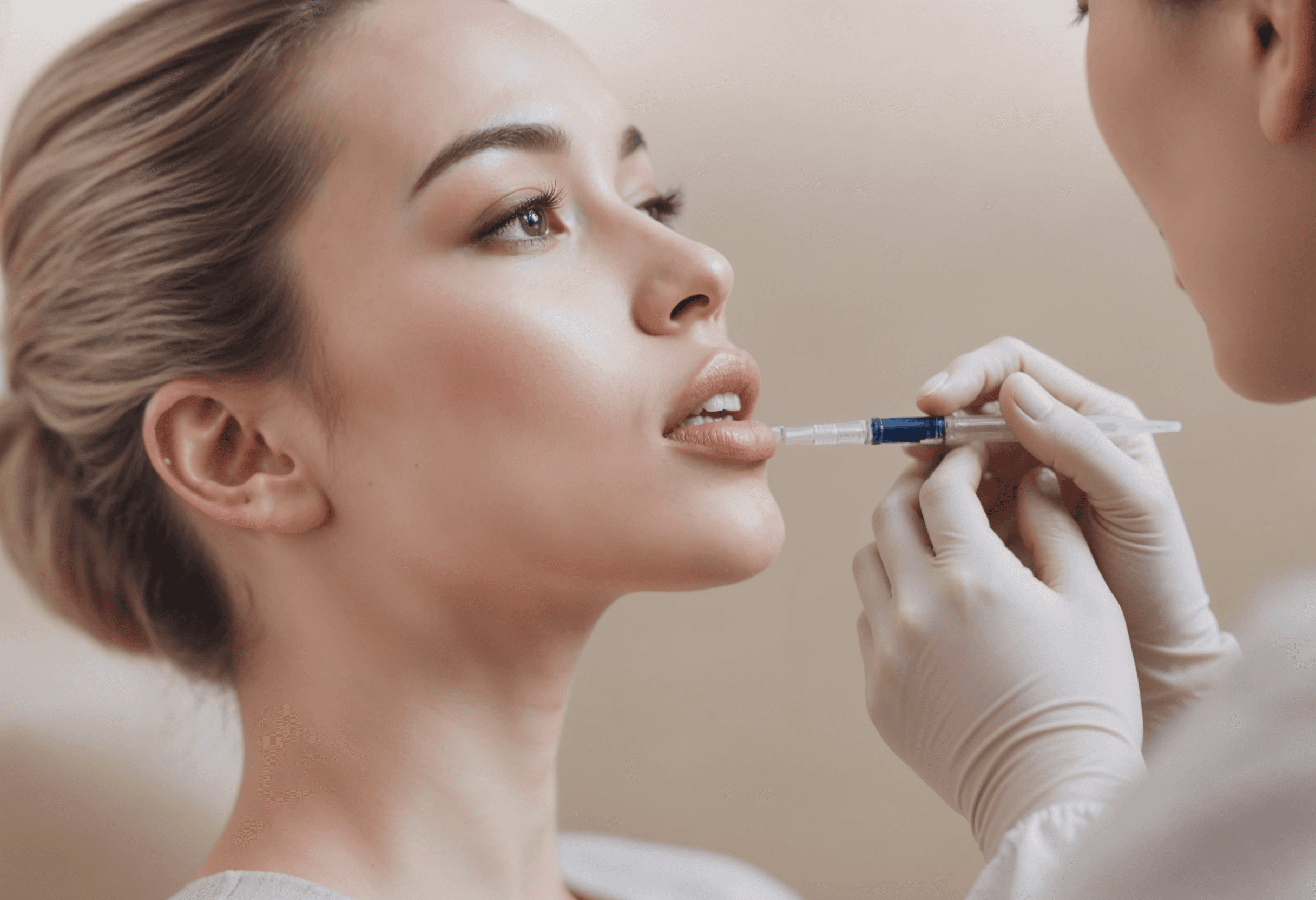 Portrait of a woman with long red hair and closed eyes, gently touching her face with both hands