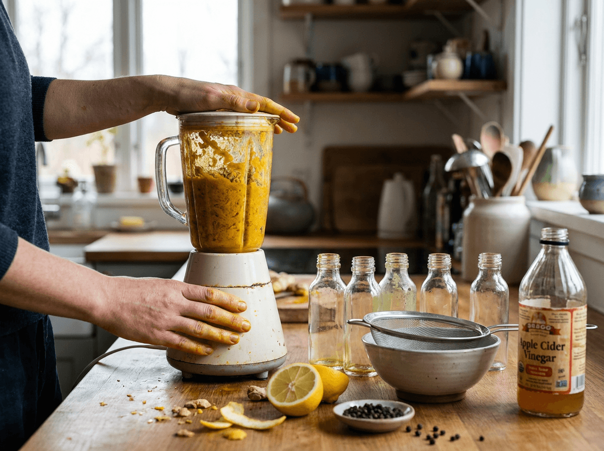 making immunity shots at home with blender, fresh ginger and turmeric