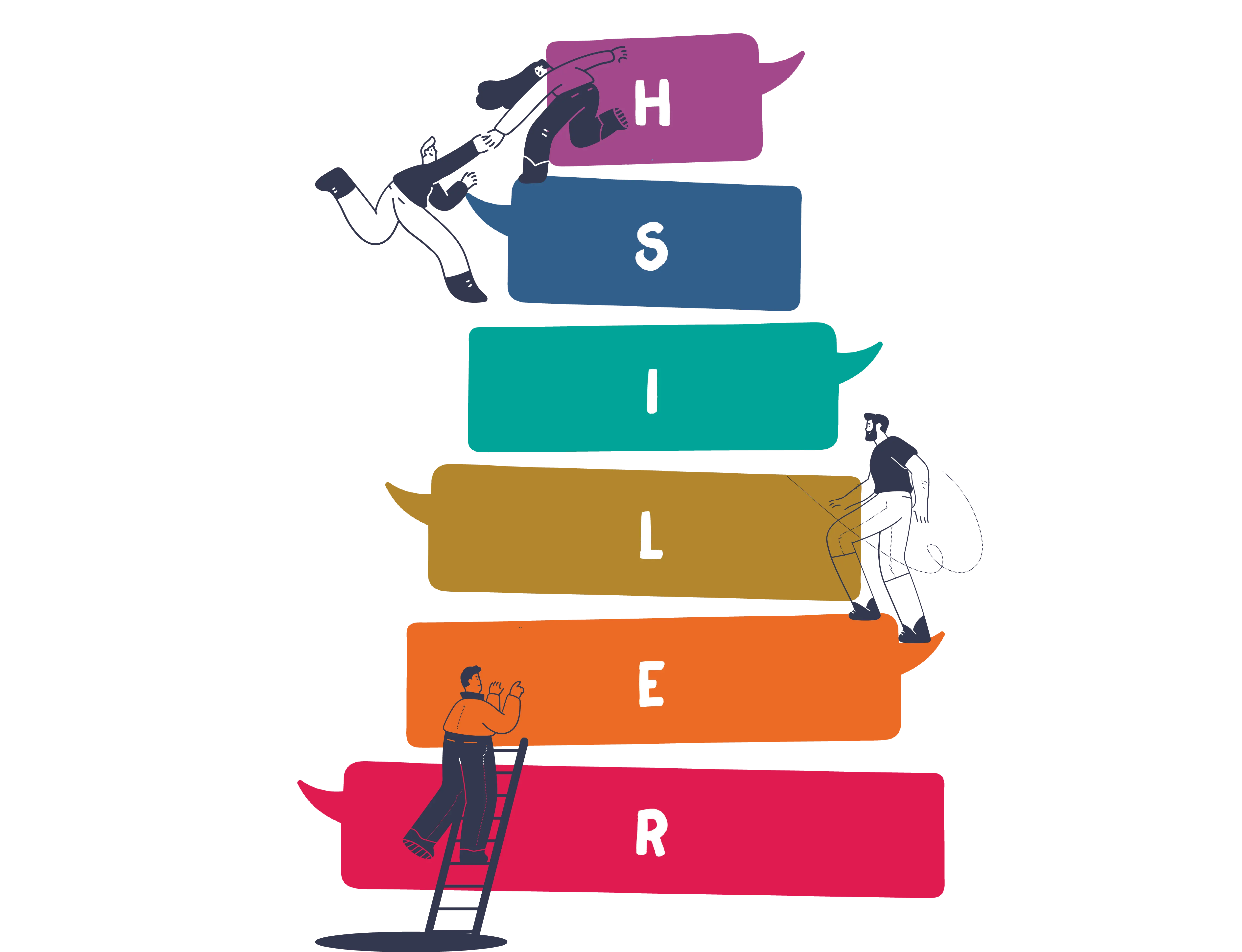 Illustration of people climbing stacked RELISH speech bubbles representing the six social cognitive needs of high performance teams