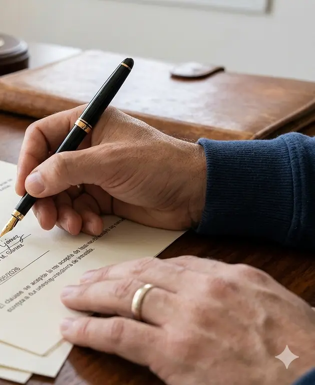 A close-up of a person in a suit writing with a white pen on a document. The scene conveys professionalism and focus, with a blurred background.