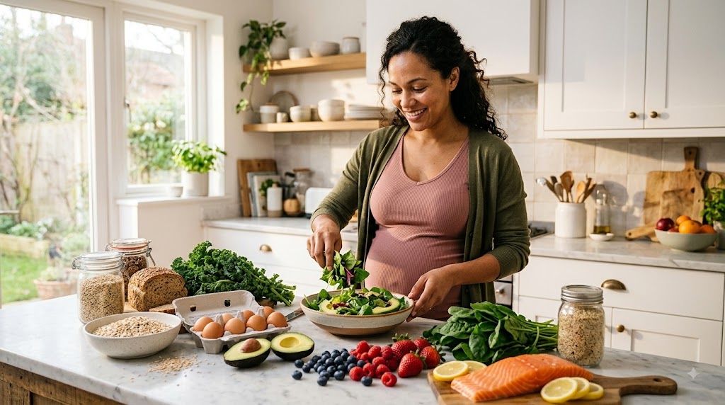 A smiling pregnant woman prepares a healthy, nutritious salad in a bright, modern kitchen surrounded by ingredients like avocado, salmon, berries, and kale.