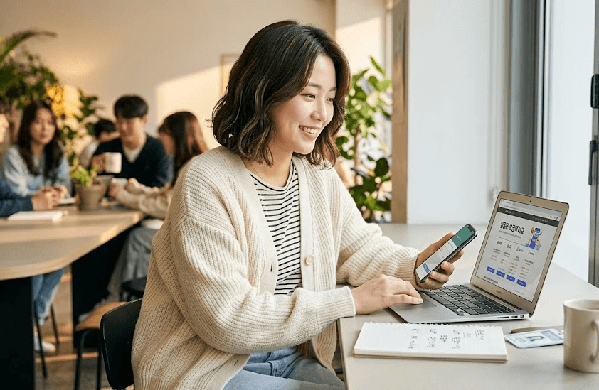 카페 창가 자리에 앉은 여성이 스마트폰을 한 손에 들고 노트북 화면의 알뜰폰 요금제 비교 창을 만족스러운 표정으로 바라보는 모습입니다. 마이알뜰폰과 공홈 가입 비교를 상징합니다.