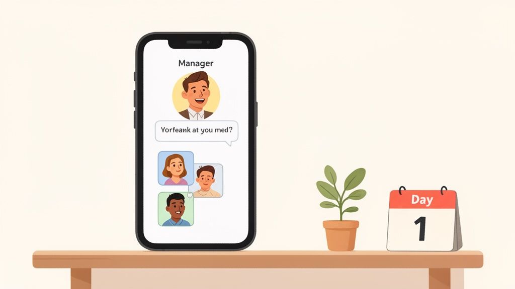 Illustration of a smartphone displaying a team chat, a potted plant, and a 