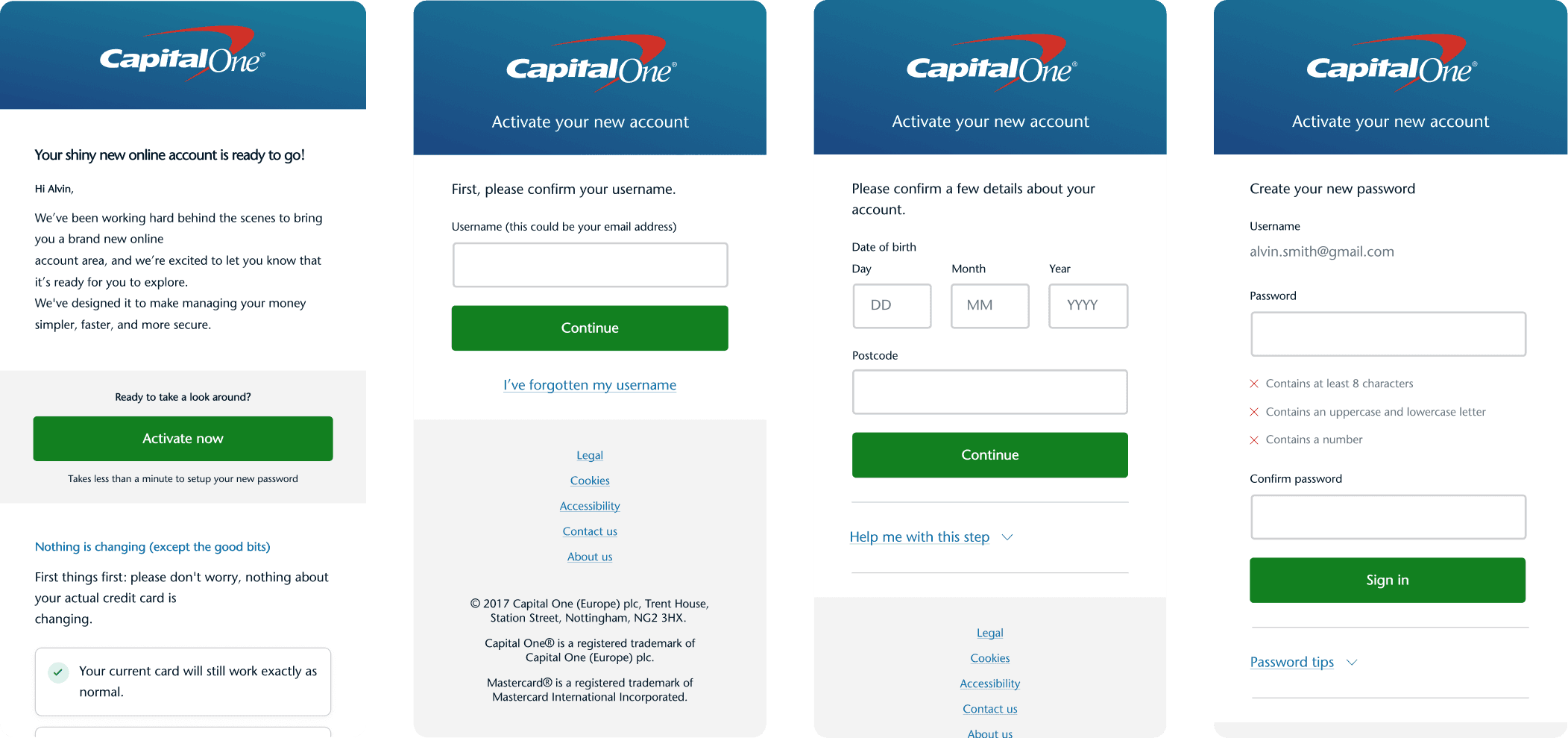 Four screens in the order a migrating customer met them: the activation email, confirming a username, confirming a few details, and creating a new password.