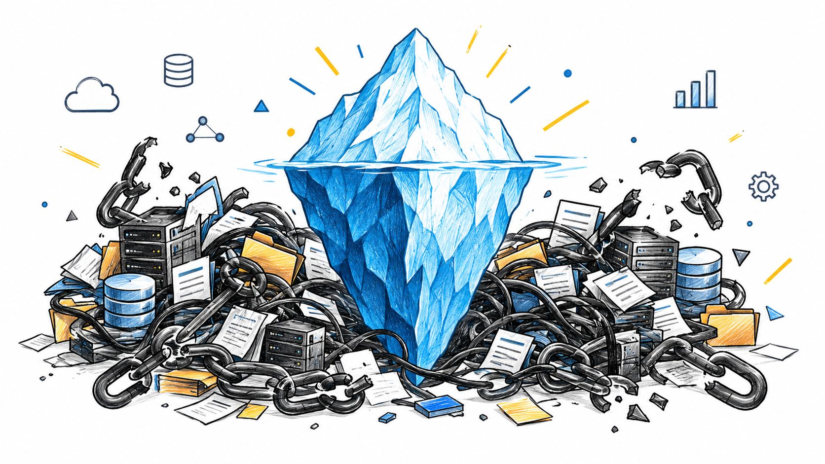 A digital illustration of an iceberg representing data hidden beneath the surface with servers and documents.