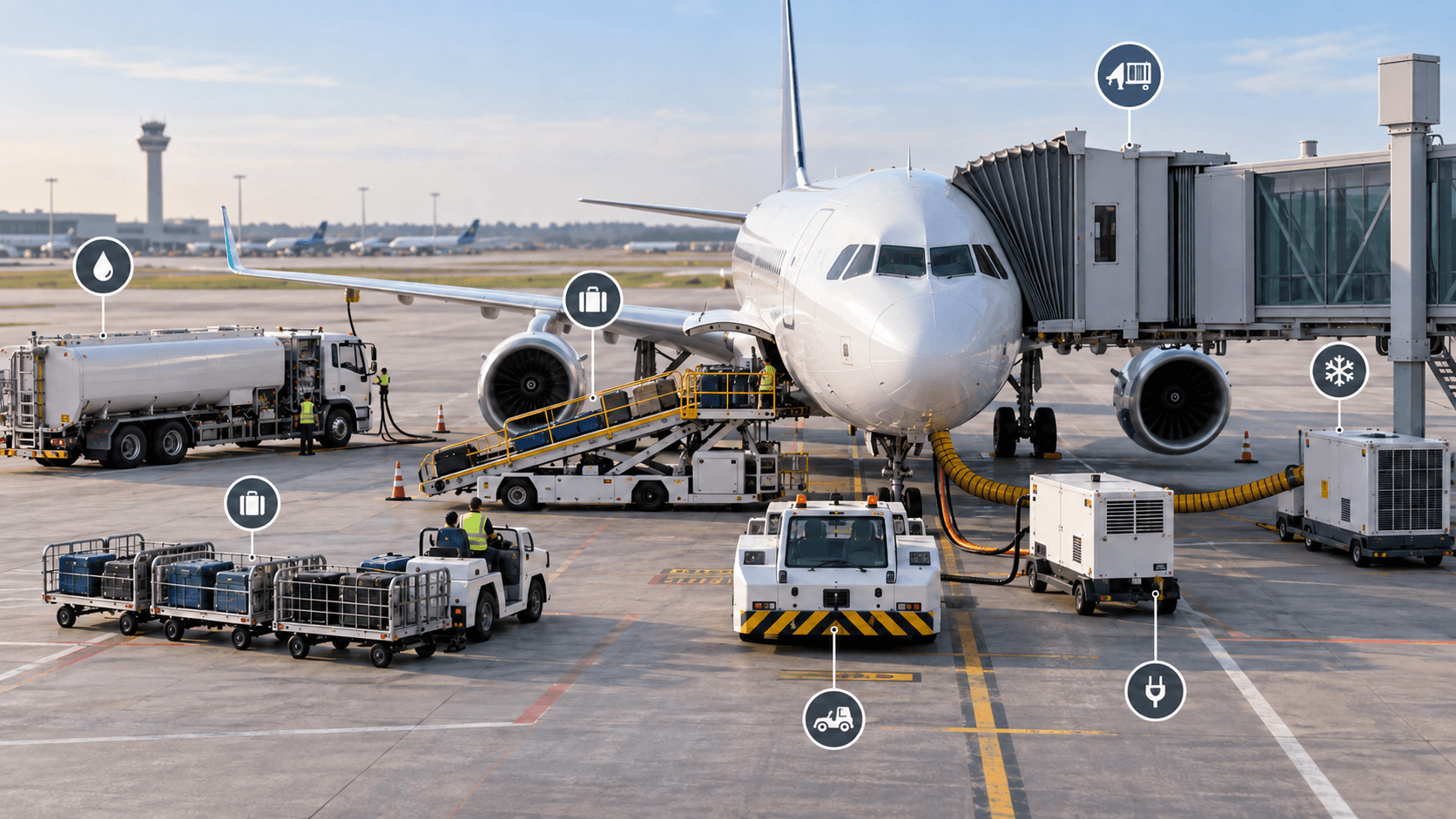 Main types of airport ground support equipment operating around a commercial aircraft