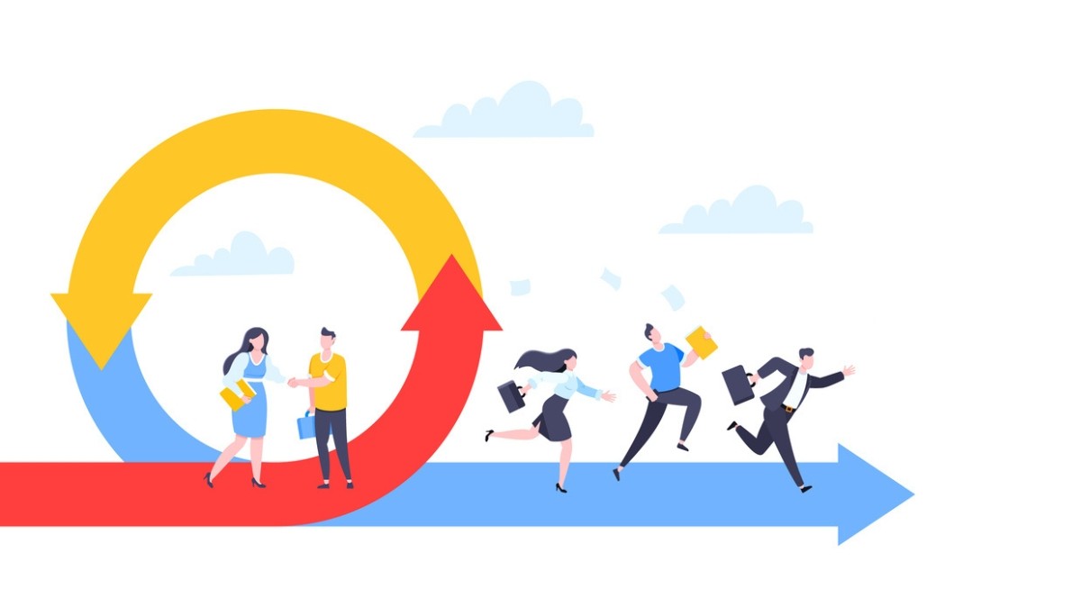 Illustration of two people shaking hands beneath a looping arrow symbolizing collaboration, with additional figures running forward carrying briefcases and documents along a sweeping arrow path.