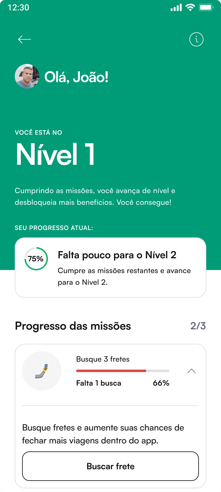 Nível 1 com o progresso das missões