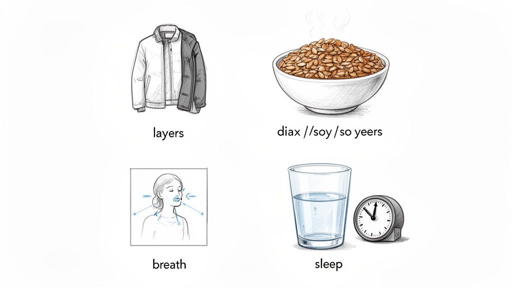 Illustrations showing strategies for managing symptoms: dressing in layers, seeds, deep breathing, and sleep.