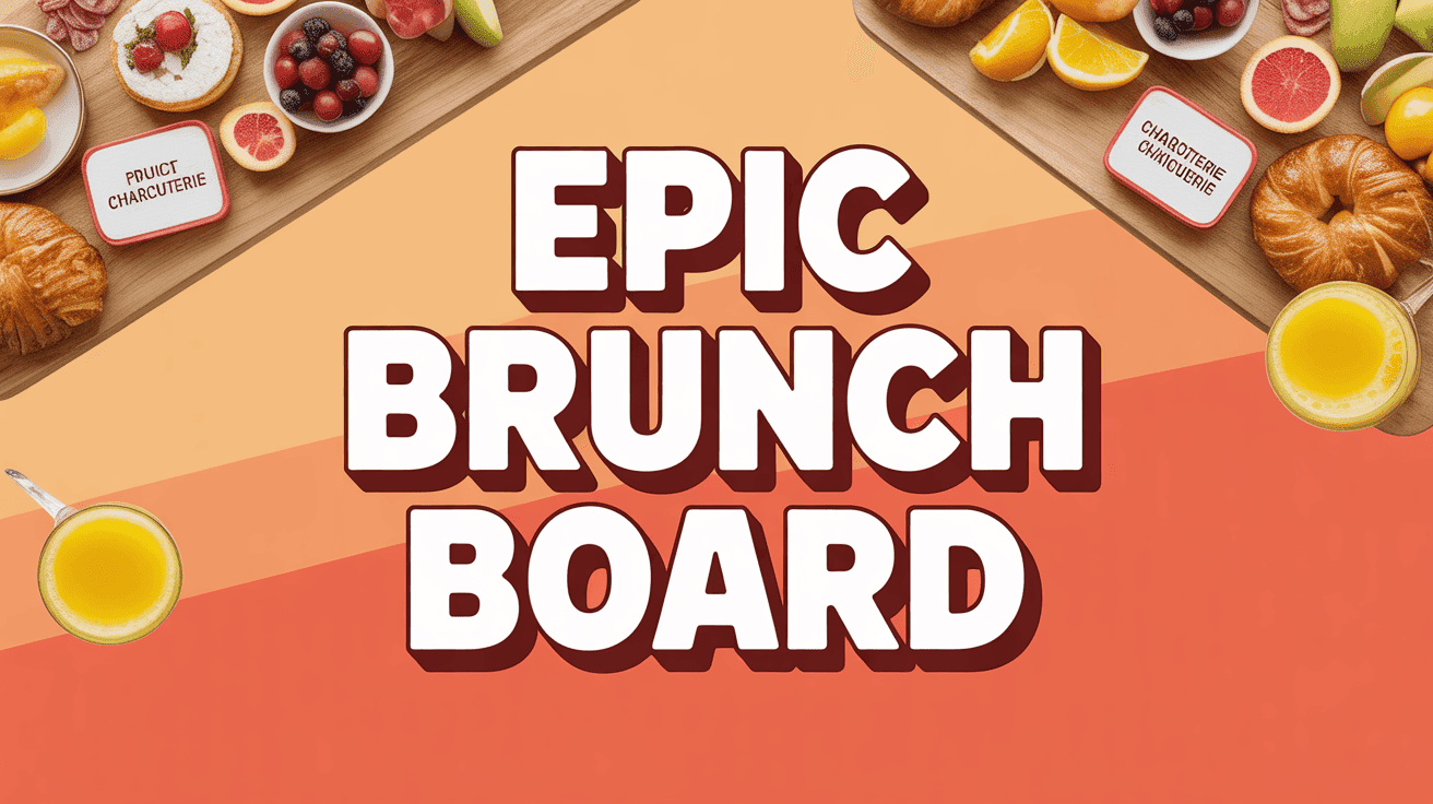 Brunch Grazing Board Thumbnail Template featuring brunch grazing board with pastries, fruit, charcuterie labels and mimosa glasses