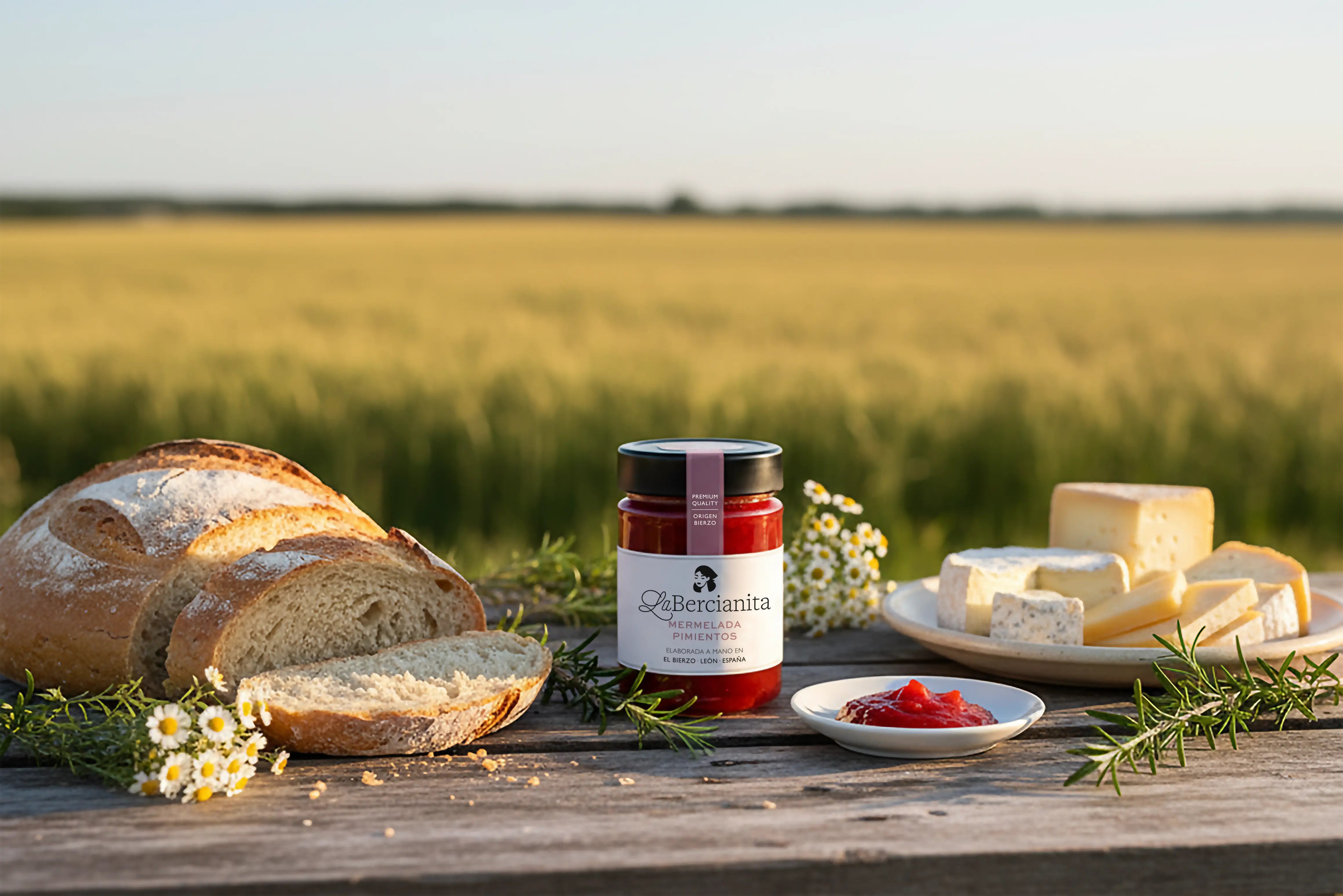 Mermelada de pimientos La Bercianita con pan, queso y flores silvestres de fondo, producto gourmet artesanal del Bierzo