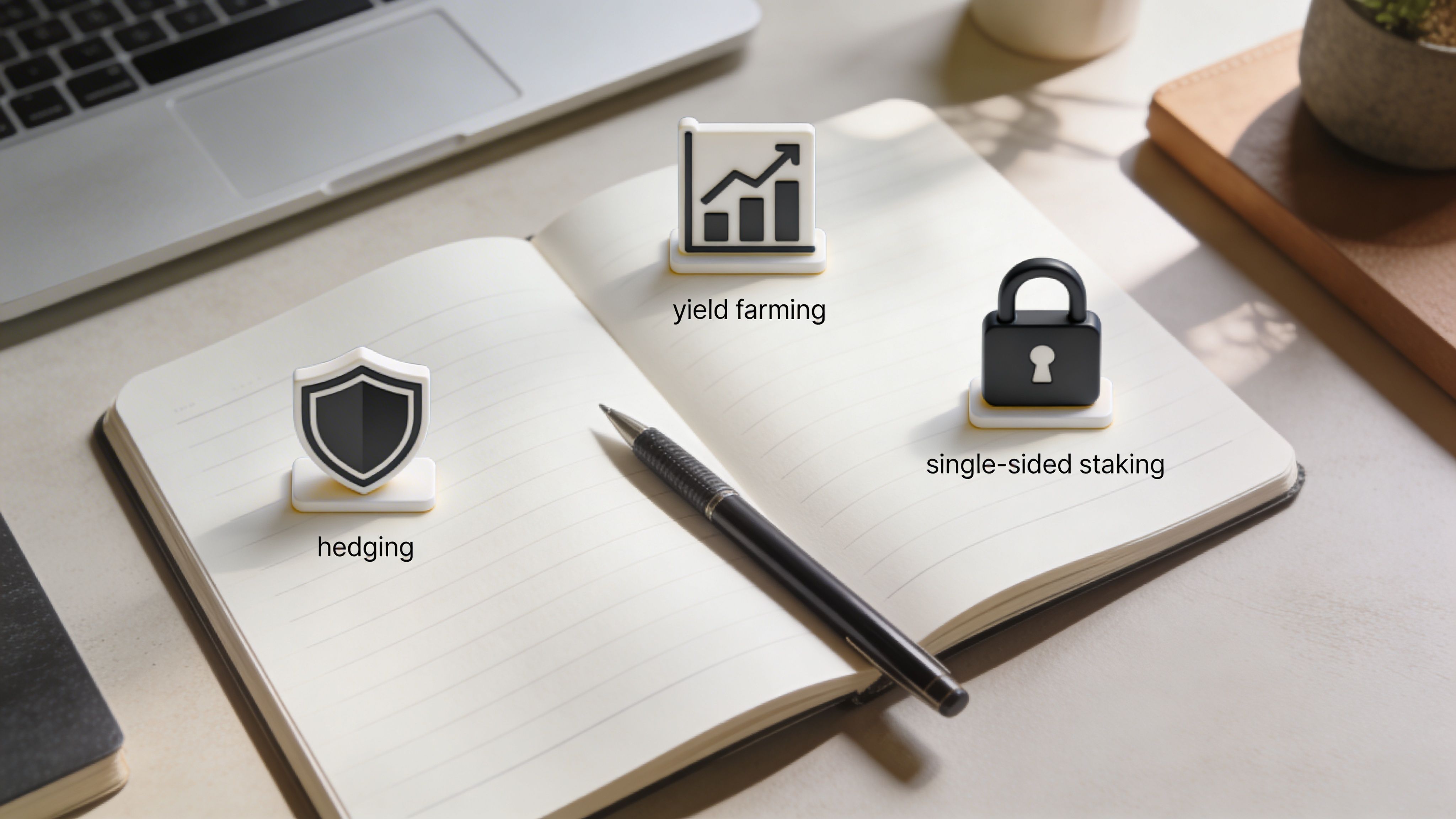 A notebook on a desk displays icons for hedging, yield farming, and single-sided staking.