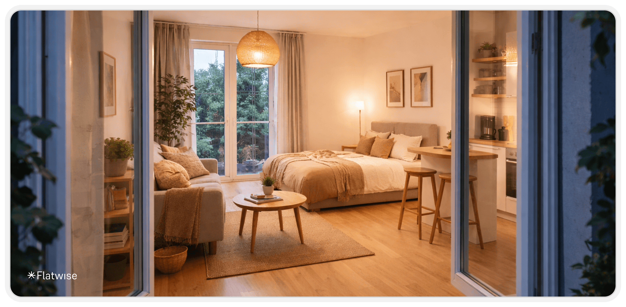 Blick durch ein Fenster in eine stilvolle Garçonnière mit gemütlichem Wohnbereich und warmem Licht am Abend