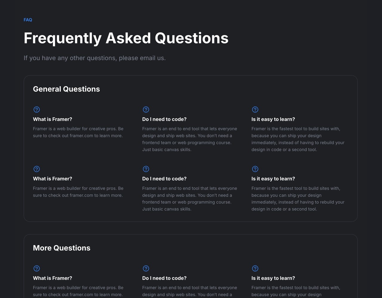 Framer Dark FAQ Section - Frameblox UI