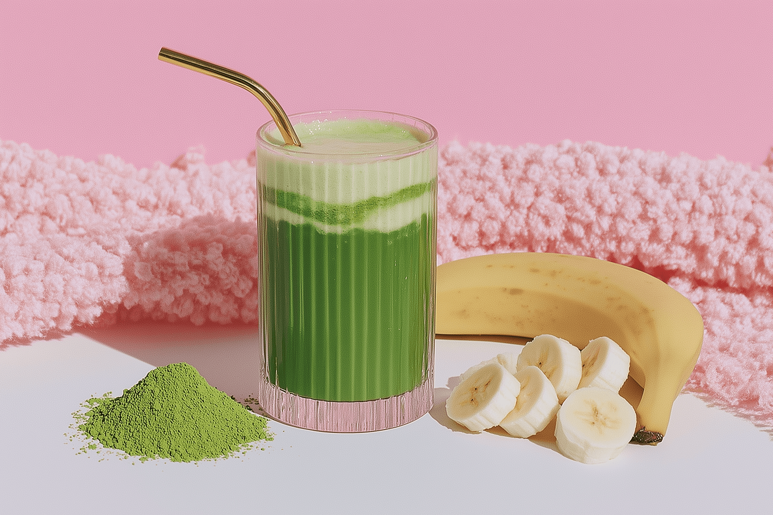 Layered matcha latte in a ribbed glass with a gold straw, matcha powder and fresh banana slices on a pink background