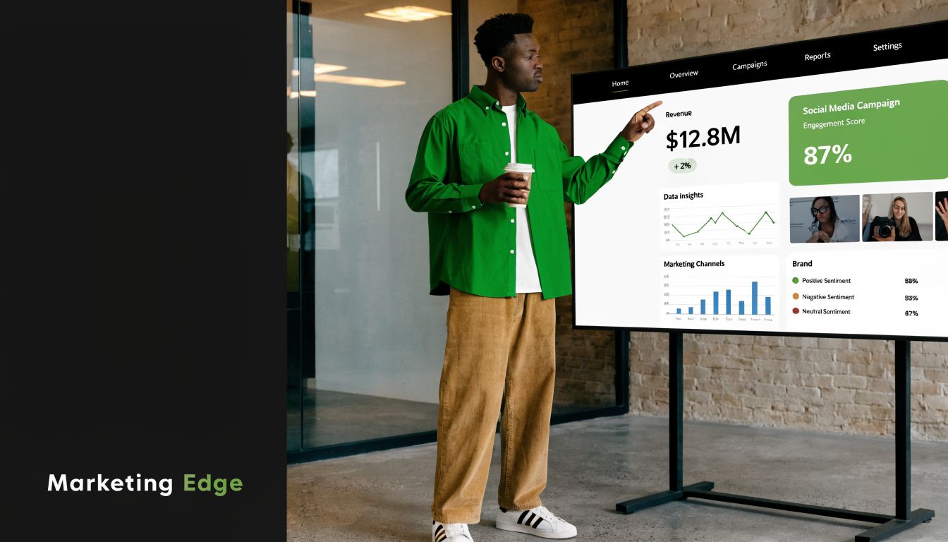 A professional man standing in an office pointing at a large digital marketing dashboard screen.