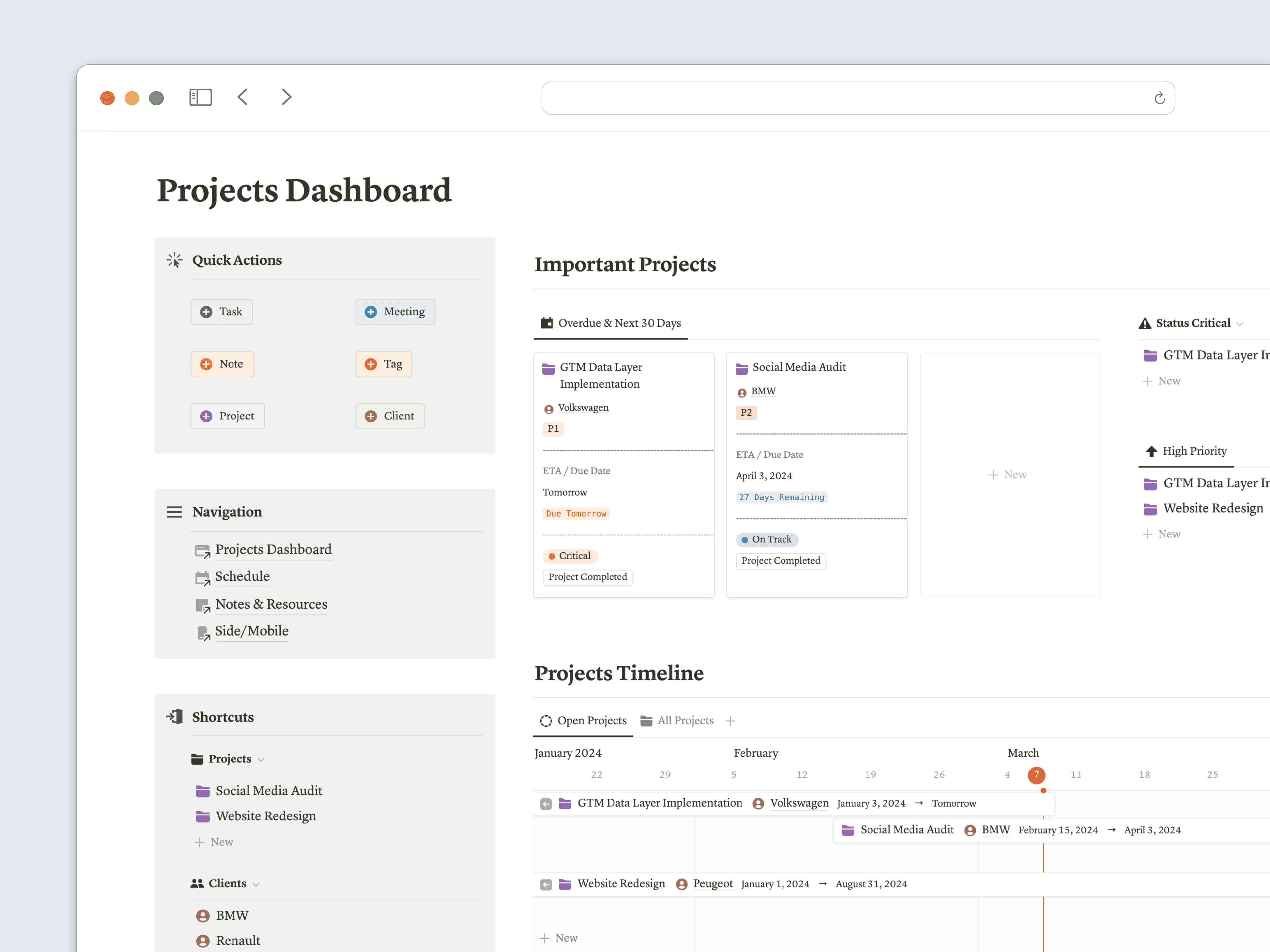Projects dashboard view in Notion with all active projects sorted by priority and due date