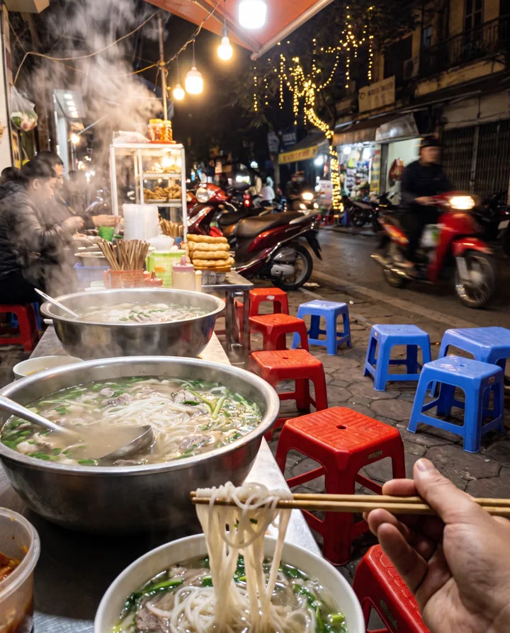 Street food stall at night in Hanoi