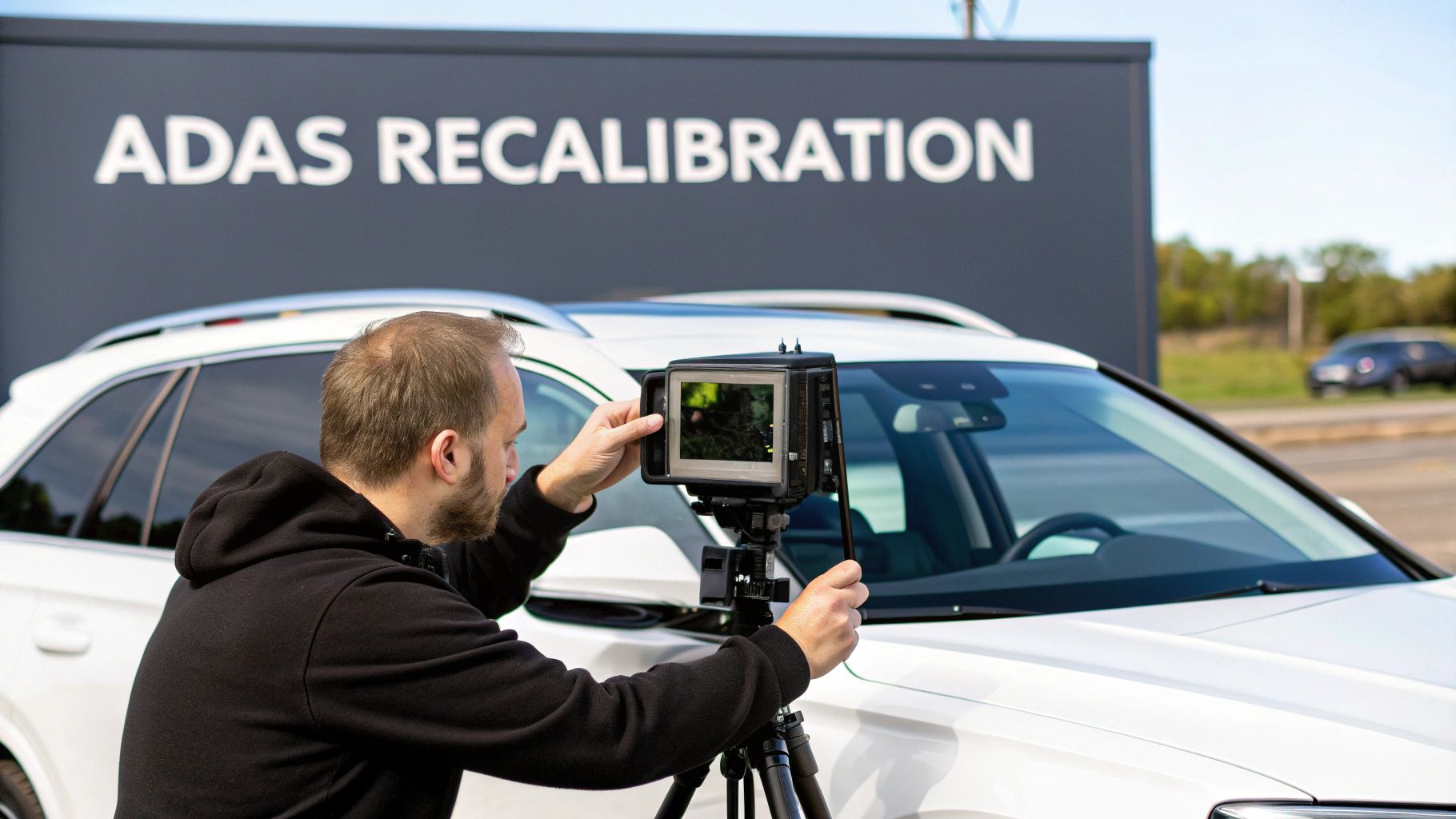A man in a black hoodie calibrates a camera on a tripod in front of a white car, with an 