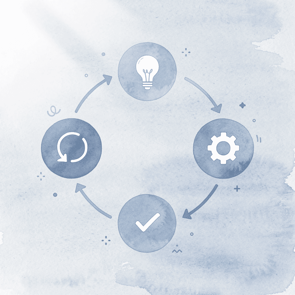 Cycle of four icons representing the repeating process of planning and executing promotional product campaigns