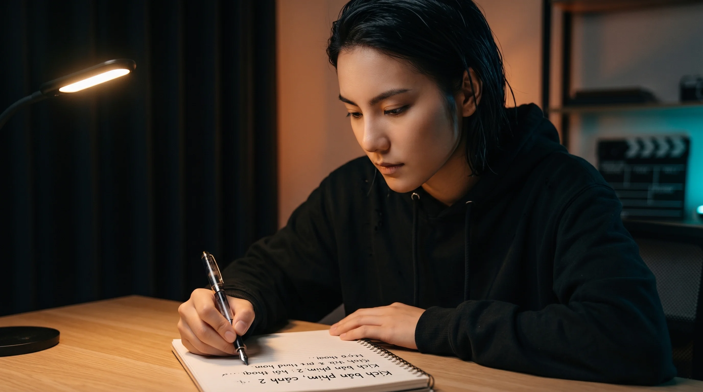 ose-up of a focused content creator writing in a notebook under a desk lamp light at night.