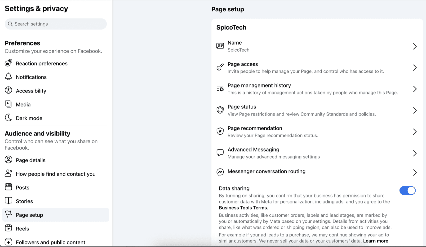 Facebook Page setup panel listing Page access, Page status, Advanced Messaging and Messenger conversation routing.