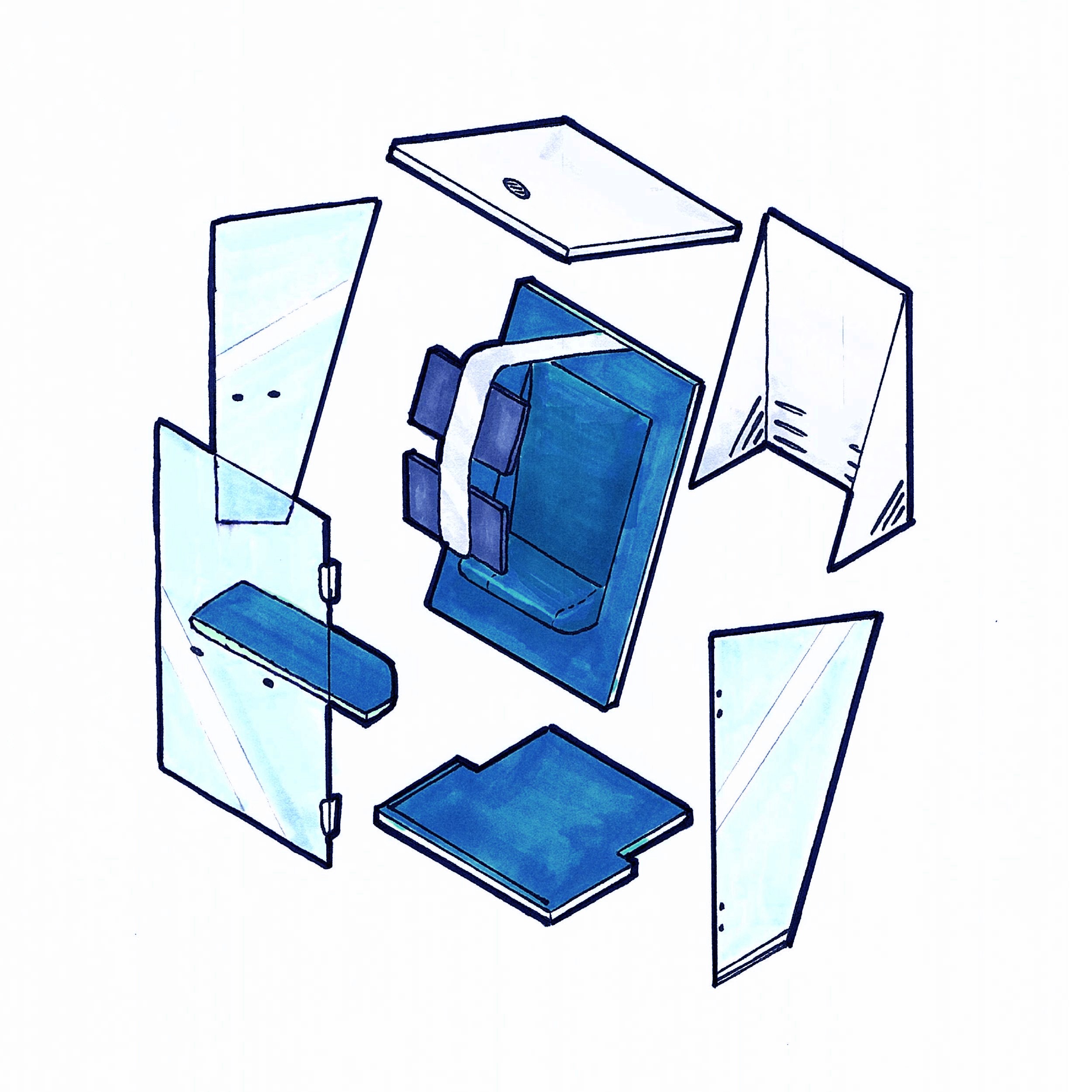 a concept sketch of a privacy pod for playing video games in 