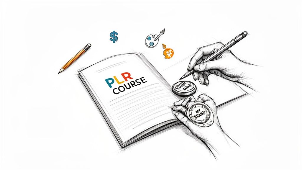 Hands writing in a PLR Course book with 'My Brand' coin, dollar, and creativity icons.