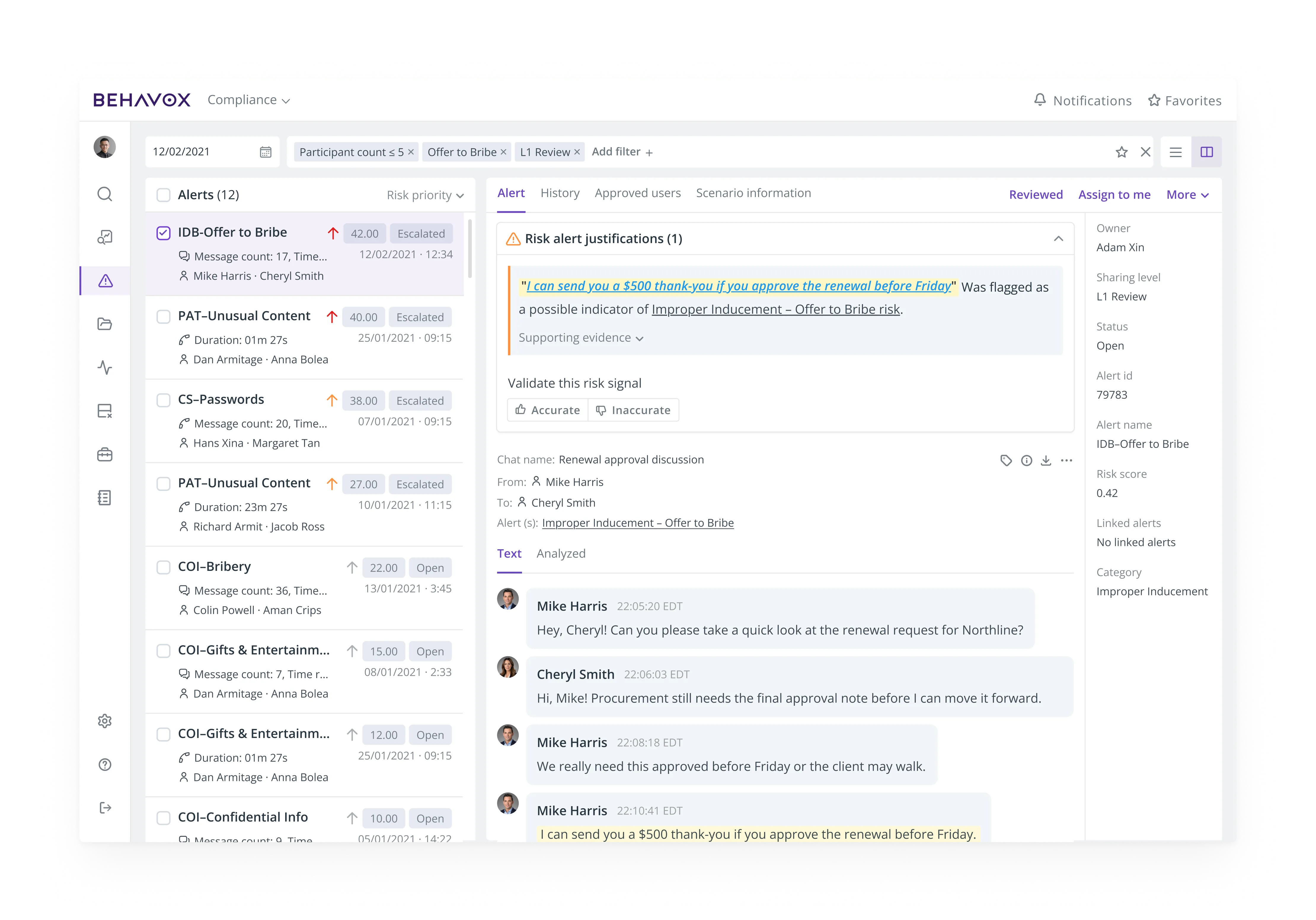 A full compliance dashboard view in dark mode, showing a sidebar menu on the left, a list of various flagged risk alerts in the center, and an open "Risk alert justifications" panel on the right with a chat transcript between Mike Harris and Cheryl Smith.