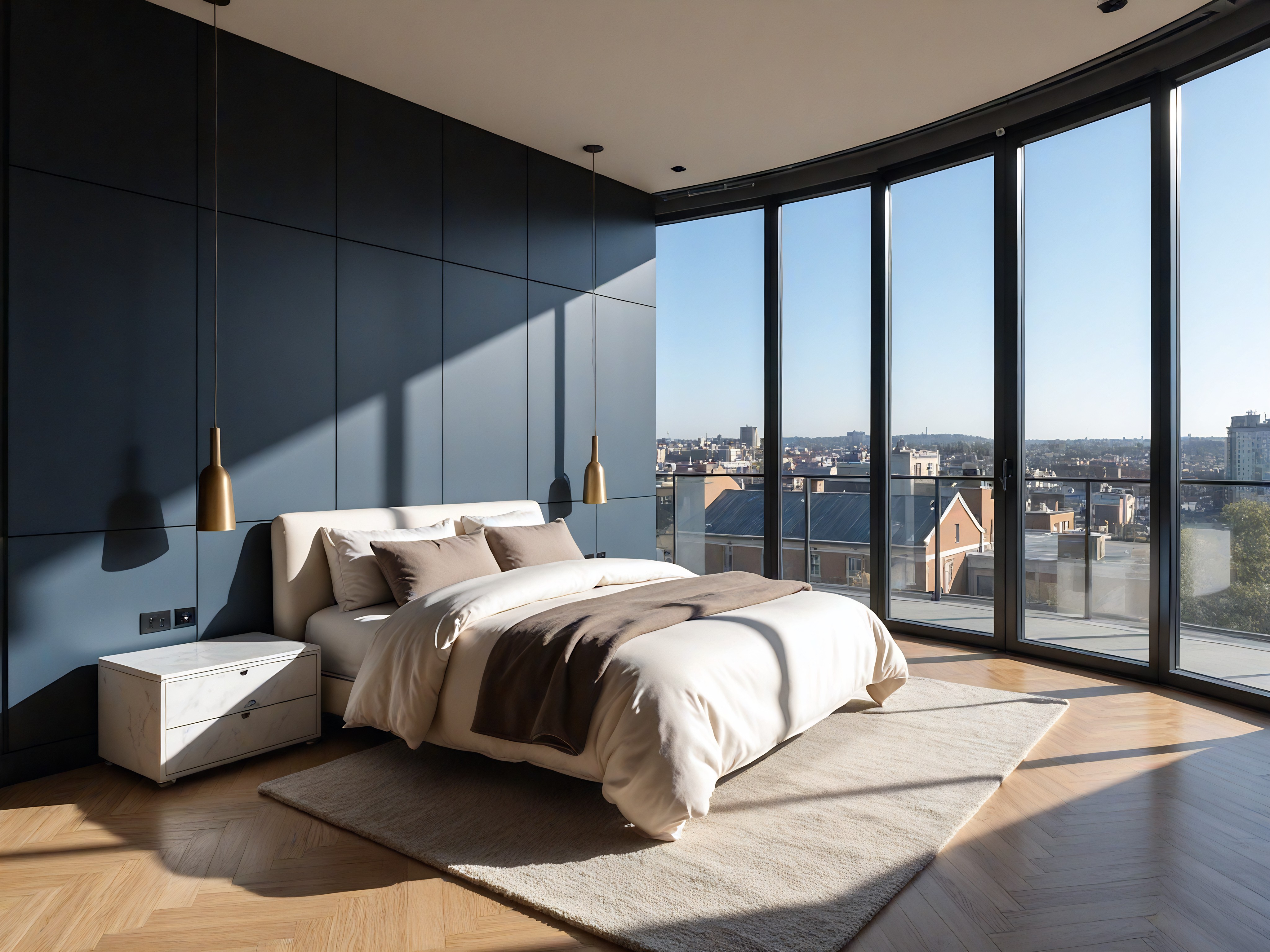 A spacious dining room with off-white marble-patterned flooring, off-white walls with light grey raised panels, and a high ceiling with two skylights and a decorative frieze. The centerpiece is a white square marble table with ten dining chairs, some of which are beige. In the center of the table is a decorative dark green-colored vase with a planted small bush. In the far corner to the left is a tall dark green potted plant. Above the limestone fireplace in the far right corner is a textured grey square artwork.