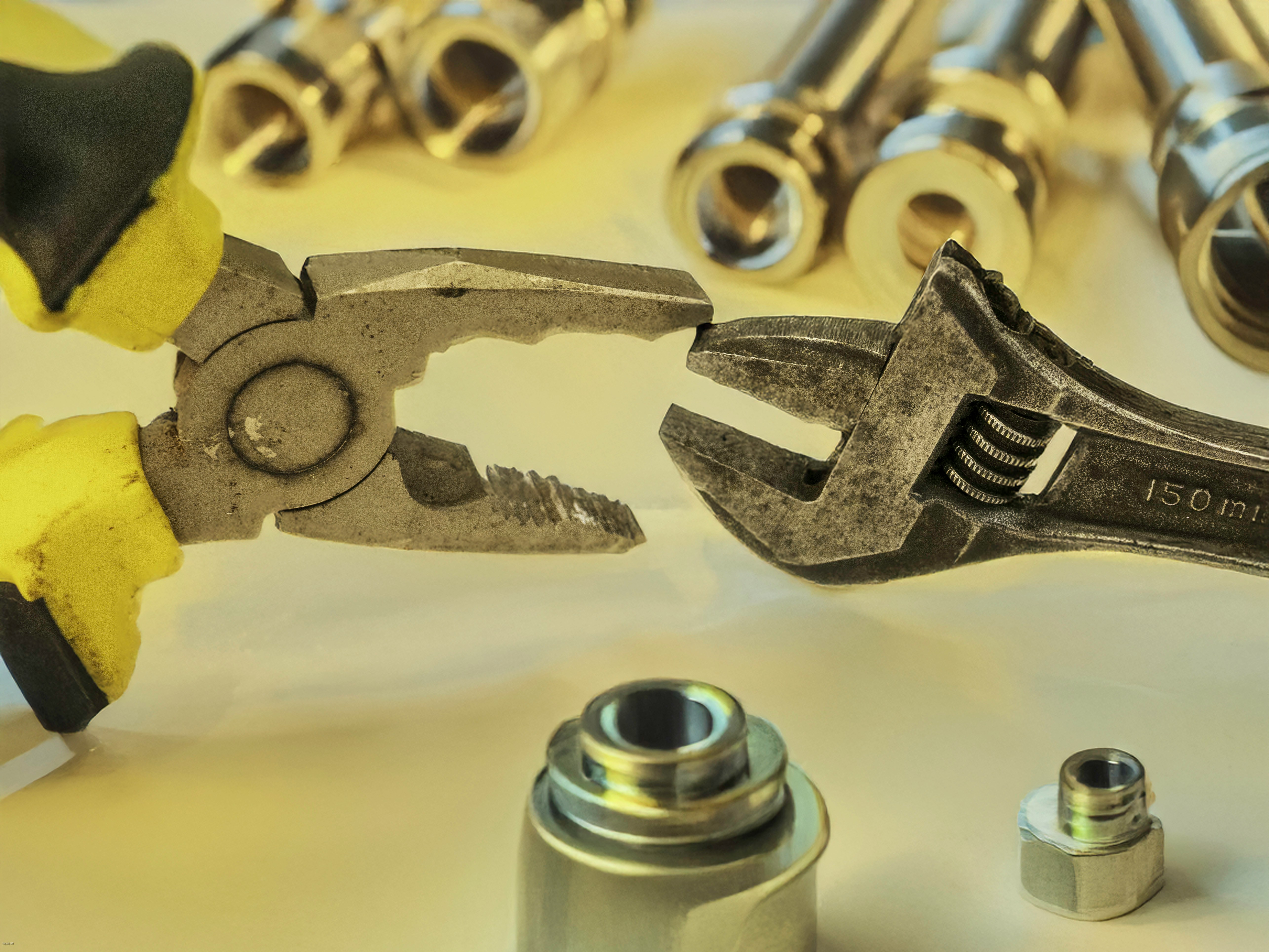 Pliers and a wrench interacting with metal parts.