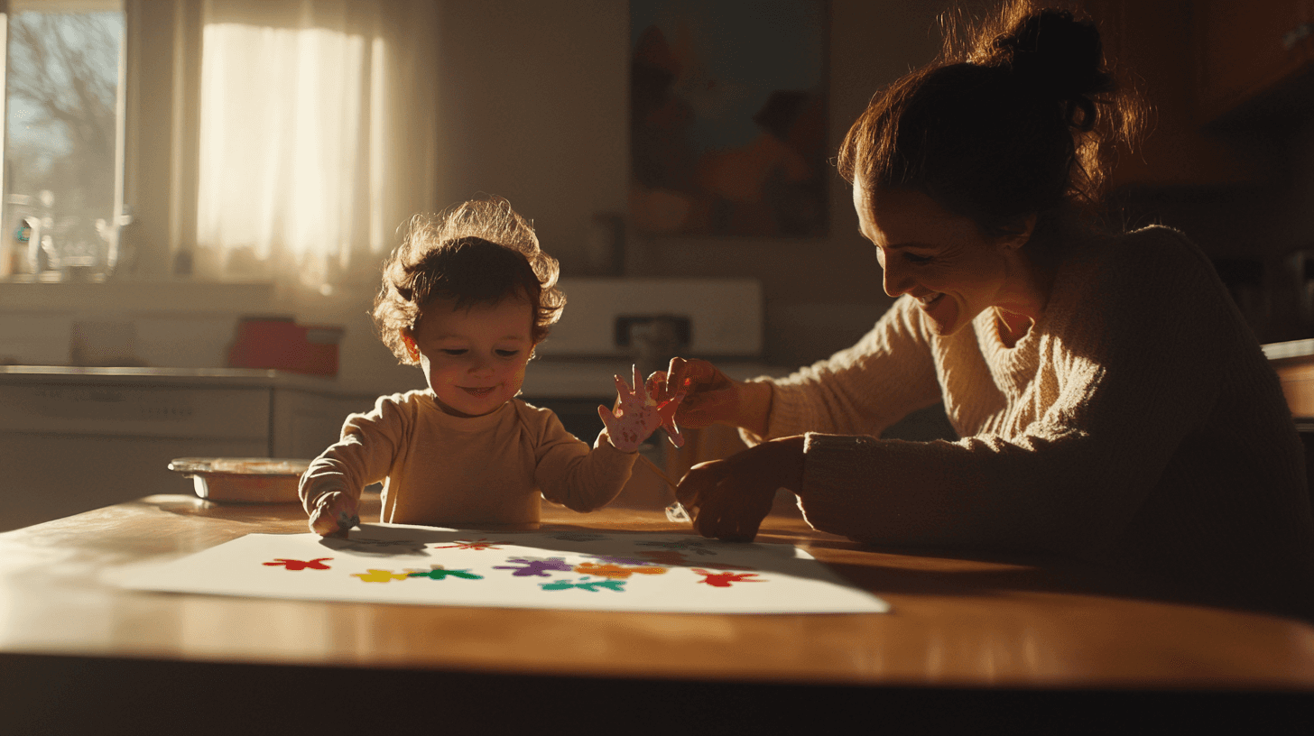 A toddler and a nanny painting handprint flowers together.