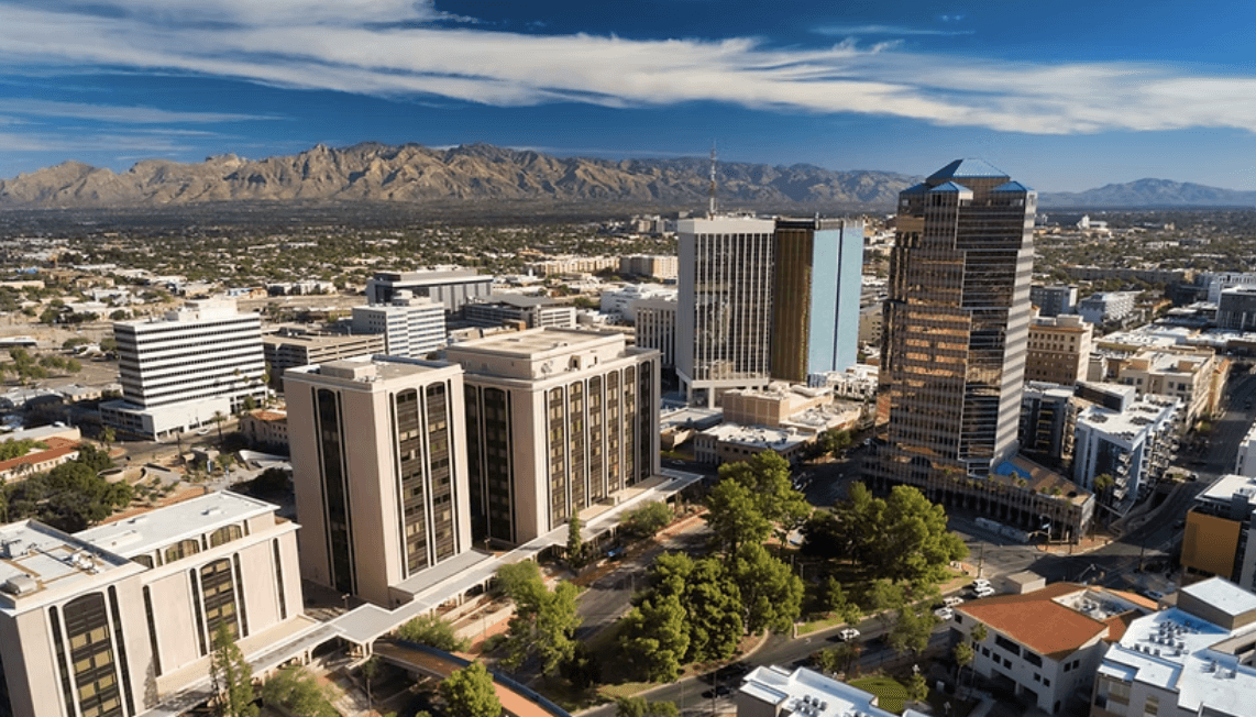 Aerial view of downtown Tucson with the Catalina mountains behind