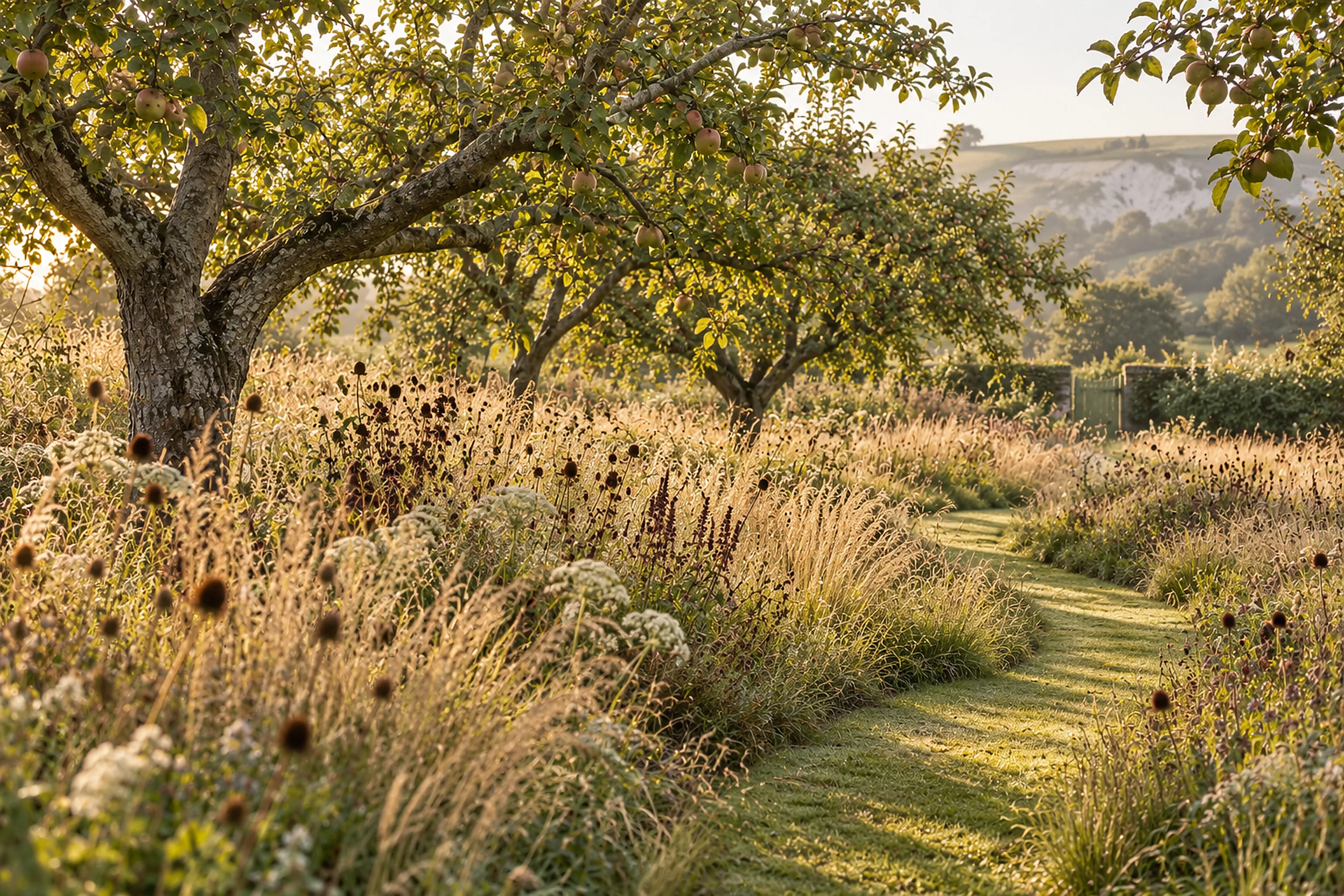 A mown grass path curving through meadow planting beneath old fruit trees.