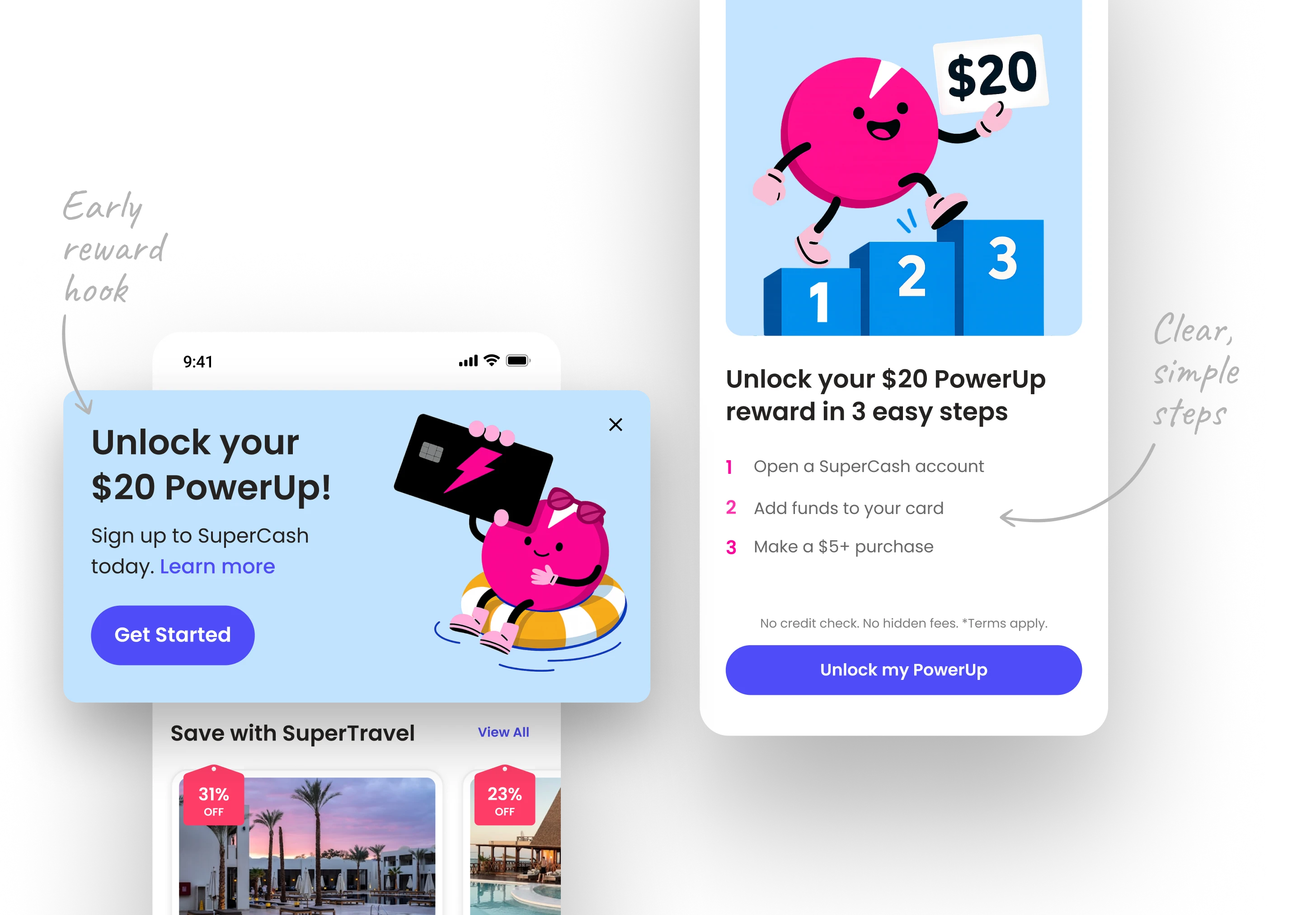 Mobile UI mockup showing Super.com’s PowerUp onboarding screen with a character illustration and 3 simple steps to unlock a $20 reward, used to test user understanding of reward clarity.”