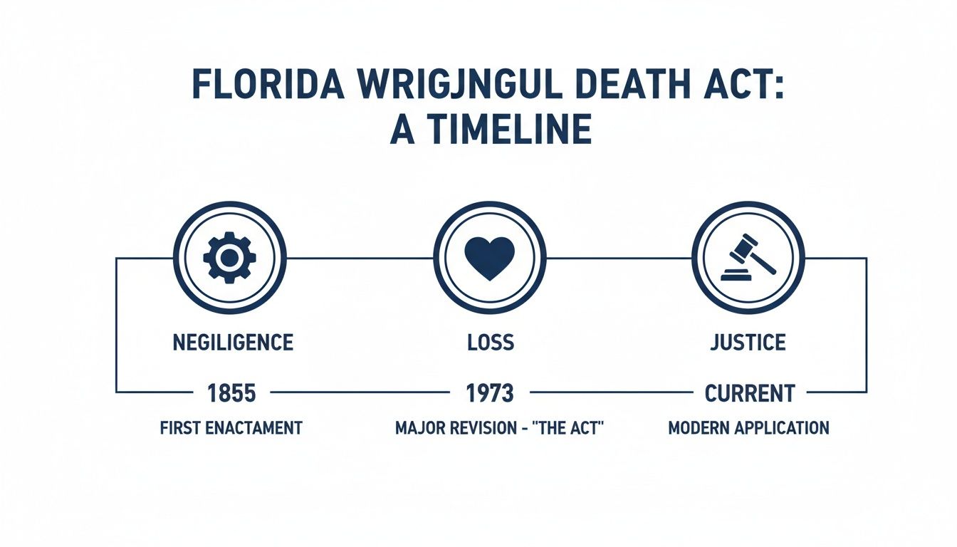Timeline of Florida's Wrongful Death Act showing key historical stages and modern application.